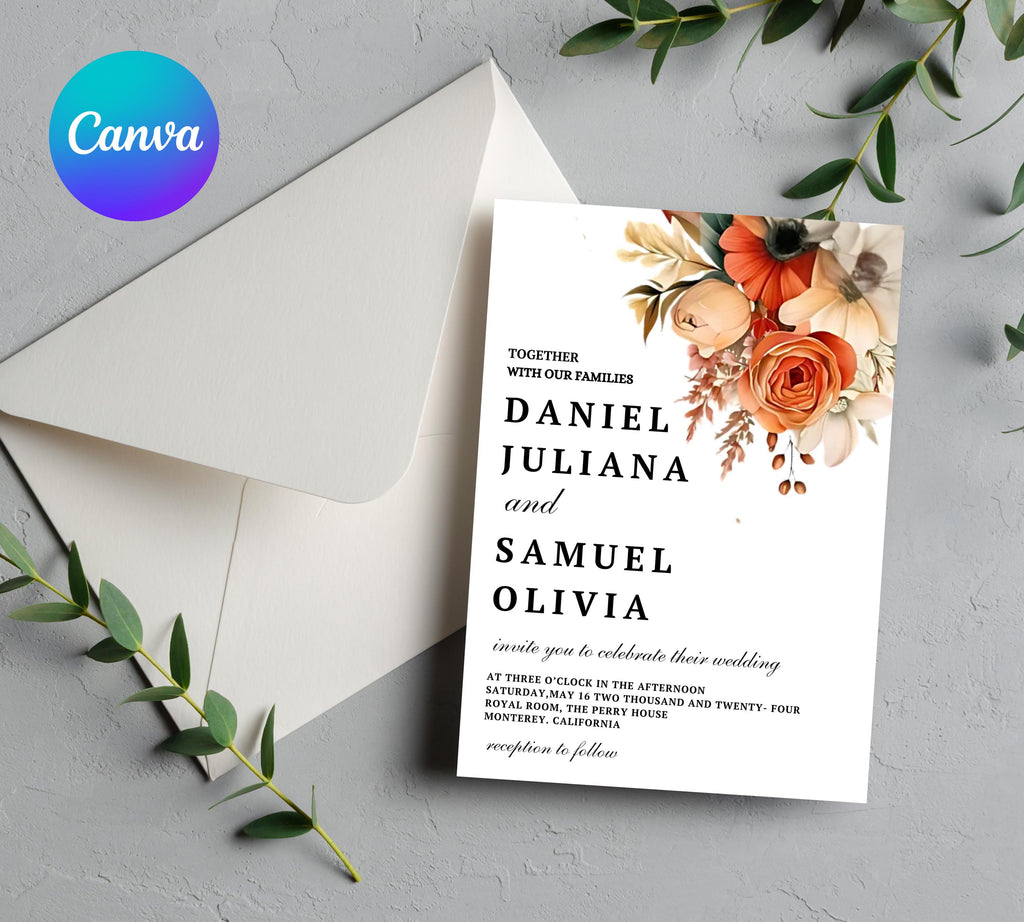 Terracotta and Rose Floral Wedding invitation Set Template, Floral Elegant Wedding Invite, Printable Modern Burnt Orange Rose Wedding Invite