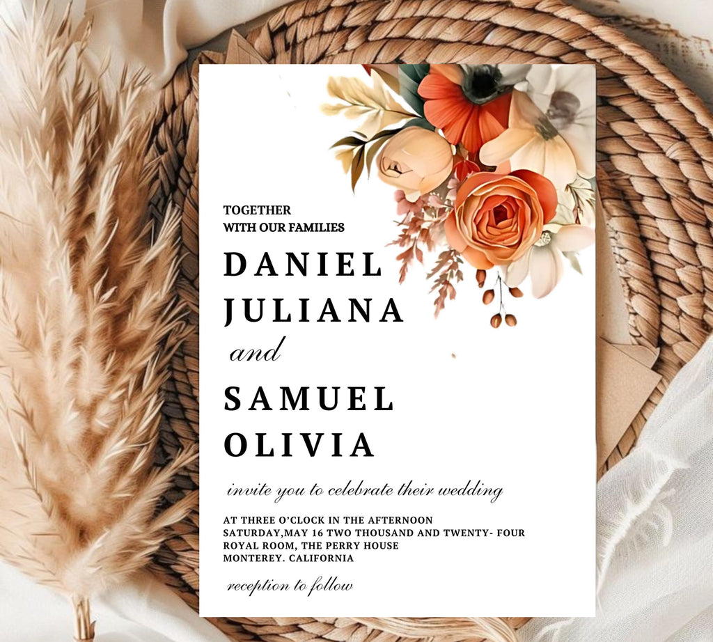 Terracotta and Rose Floral Wedding invitation Set Template, Floral Elegant Wedding Invite, Printable Modern Burnt Orange Rose Wedding Invite