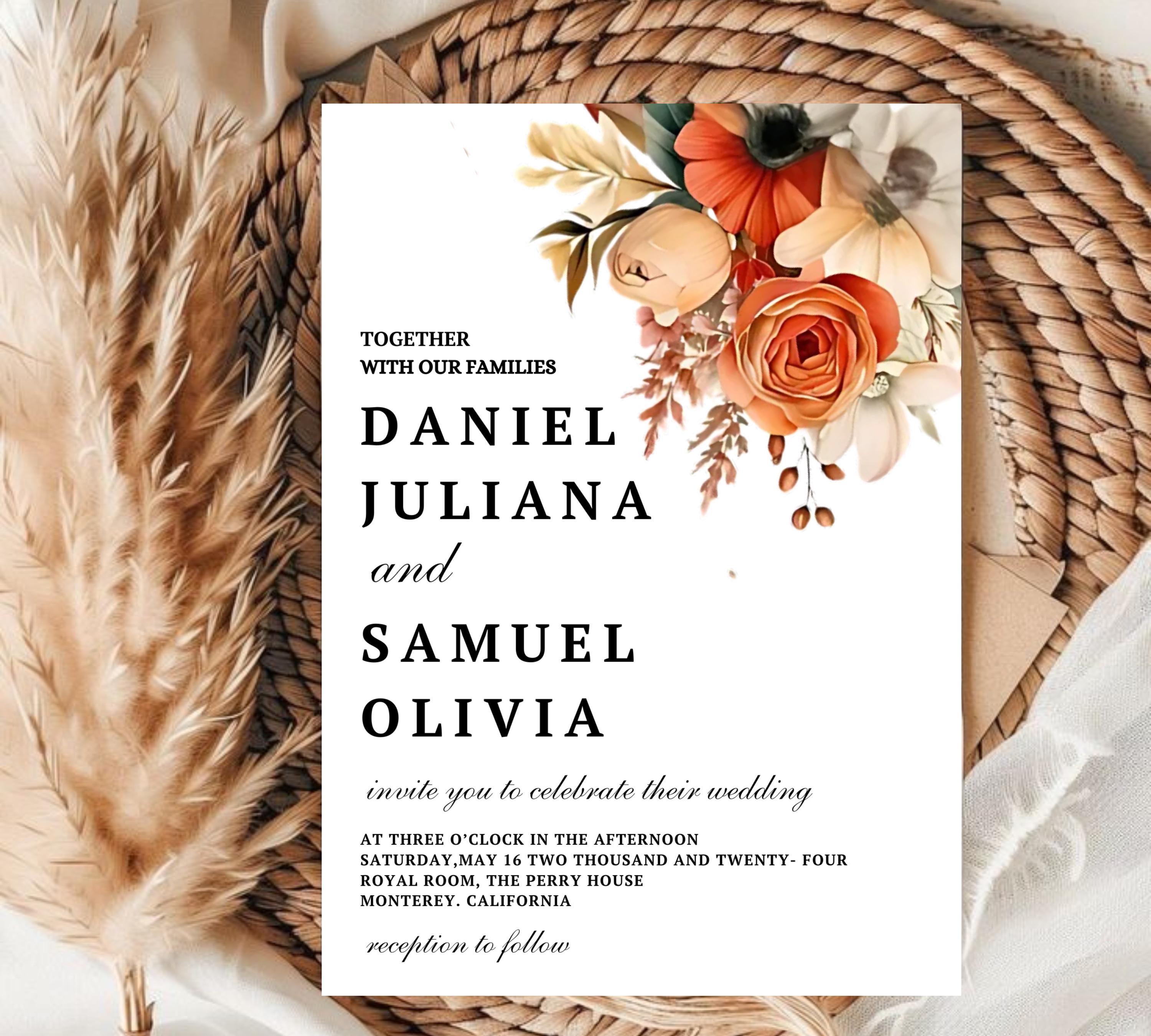 Terracotta and Rose Floral Wedding invitation Set Template, Floral Elegant Wedding Invite, Printable Modern Burnt Orange Rose Wedding Invite