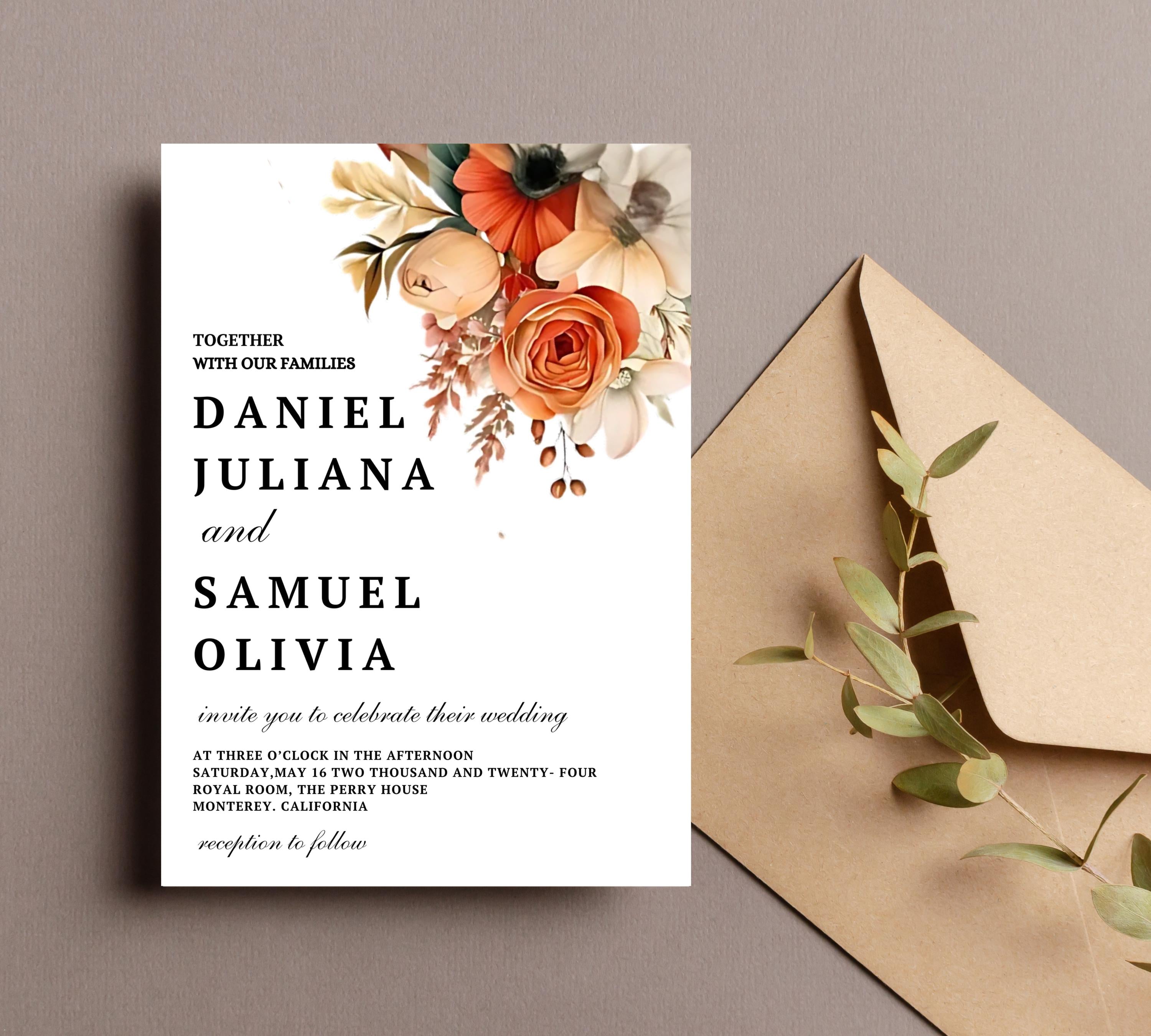 Terracotta and Rose Floral Wedding invitation Set Template, Floral Elegant Wedding Invite, Printable Modern Burnt Orange Rose Wedding Invite