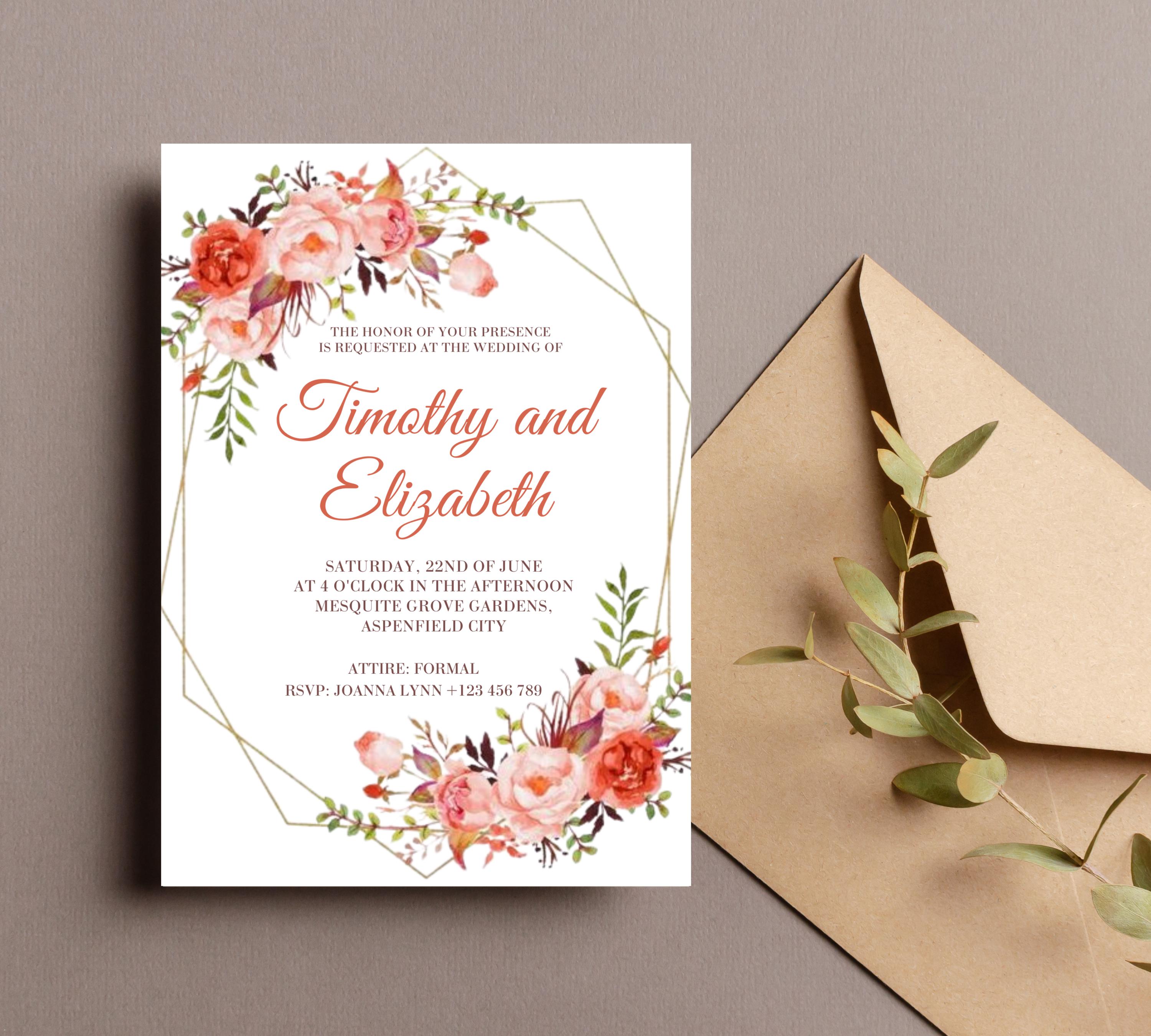 Coral and Gold Floral Wedding Invitation Template Set, Editable Floral Wedding Invitation Set, pink Floral RSVP Details, Printable Template