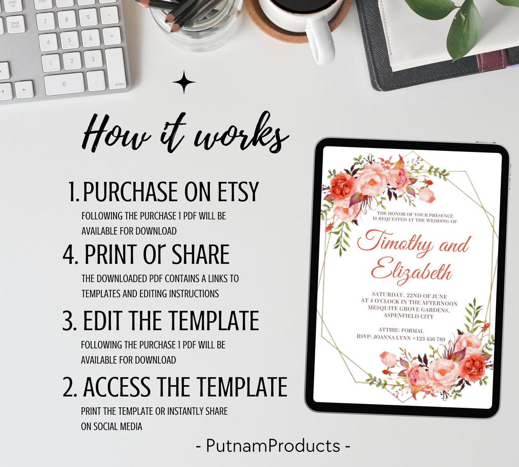 Coral and Gold Floral Wedding Invitation Template Set, Editable Floral Wedding Invitation Set, pink Floral RSVP Details, Printable Template