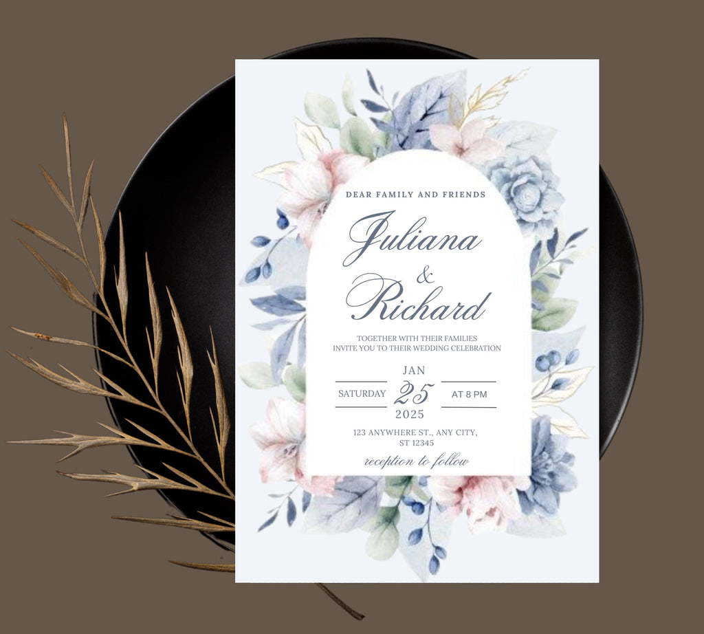 Dusty Blue and Blush Floral Wedding Invitation Template, Floral Boho Wedding Invites Suite, Elegant Garden Steel Light Blue Wedding Invite