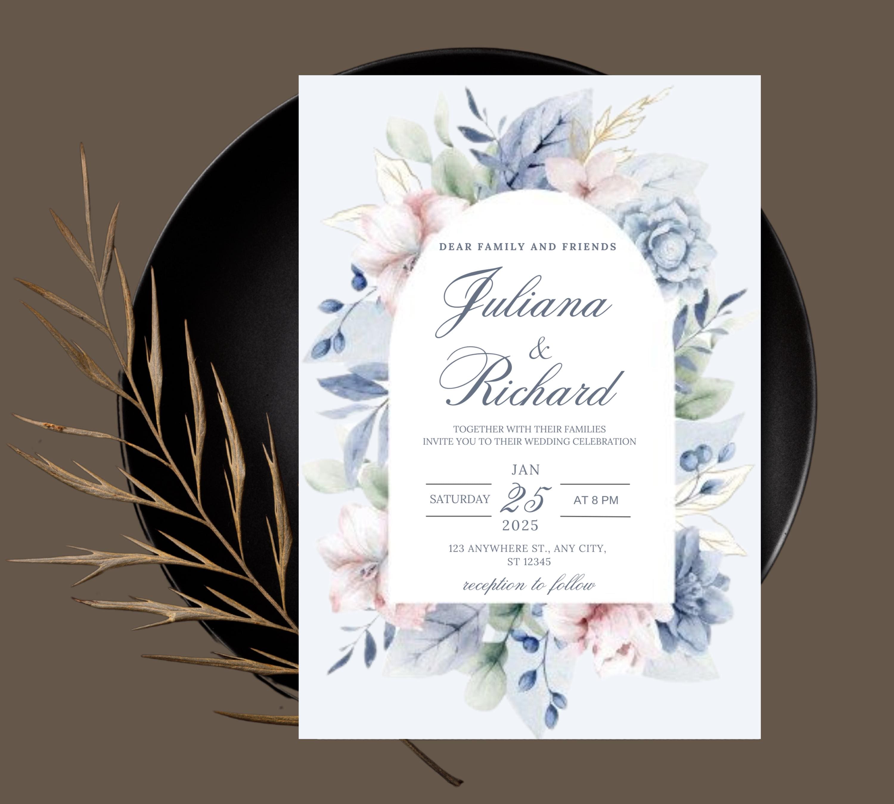 Dusty Blue and Blush Floral Wedding Invitation Template, Floral Boho Wedding Invites Suite, Elegant Garden Steel Light Blue Wedding Invite