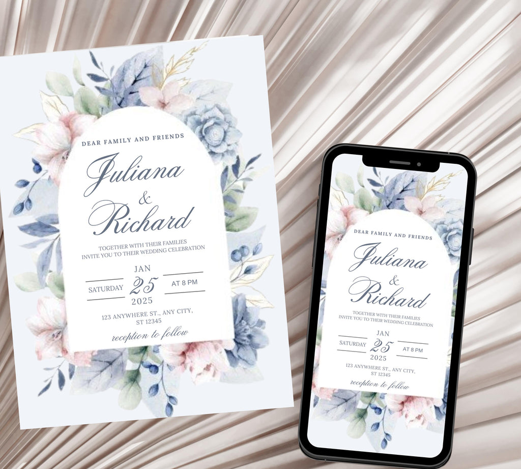 Dusty Blue and Blush Floral Wedding Invitation Template, Floral Boho Wedding Invites Suite, Elegant Garden Steel Light Blue Wedding Invite