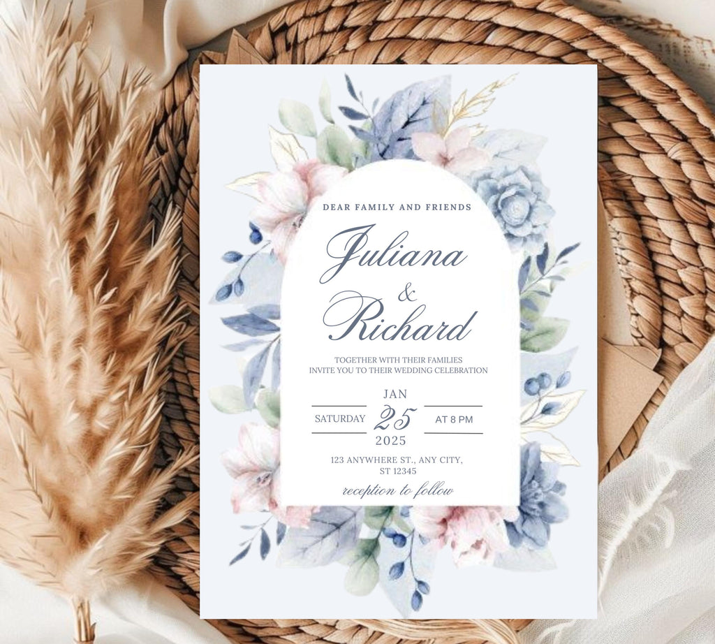 Dusty Blue and Blush Floral Wedding Invitation Template, Floral Boho Wedding Invites Suite, Elegant Garden Steel Light Blue Wedding Invite