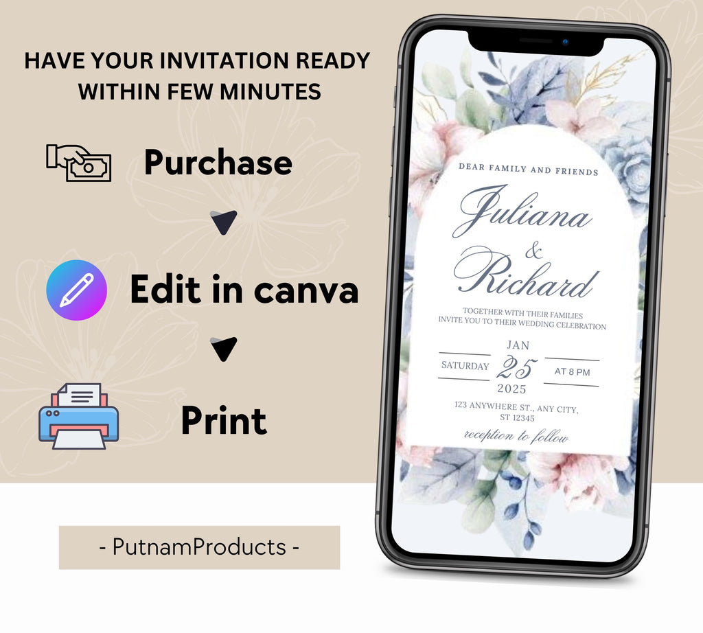 Dusty Blue and Blush Floral Wedding Invitation Template, Floral Boho Wedding Invites Suite, Elegant Garden Steel Light Blue Wedding Invite