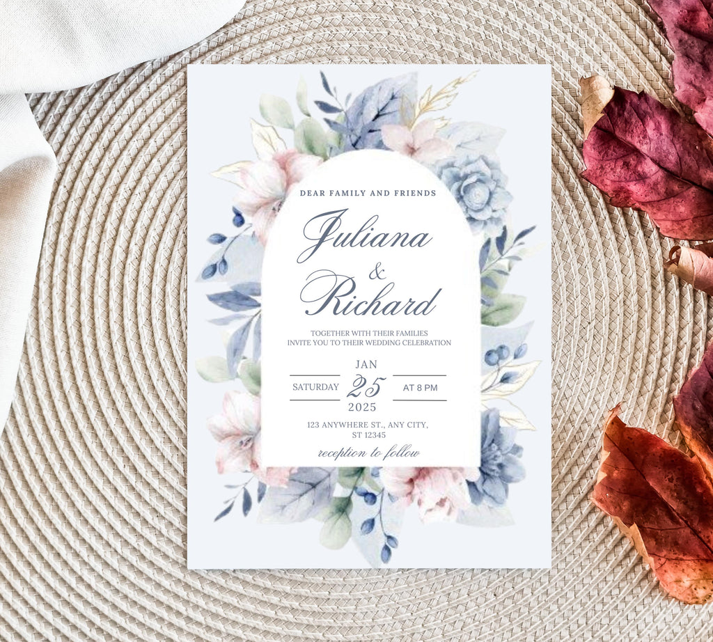 Dusty Blue and Blush Floral Wedding Invitation Template, Floral Boho Wedding Invites Suite, Elegant Garden Steel Light Blue Wedding Invite