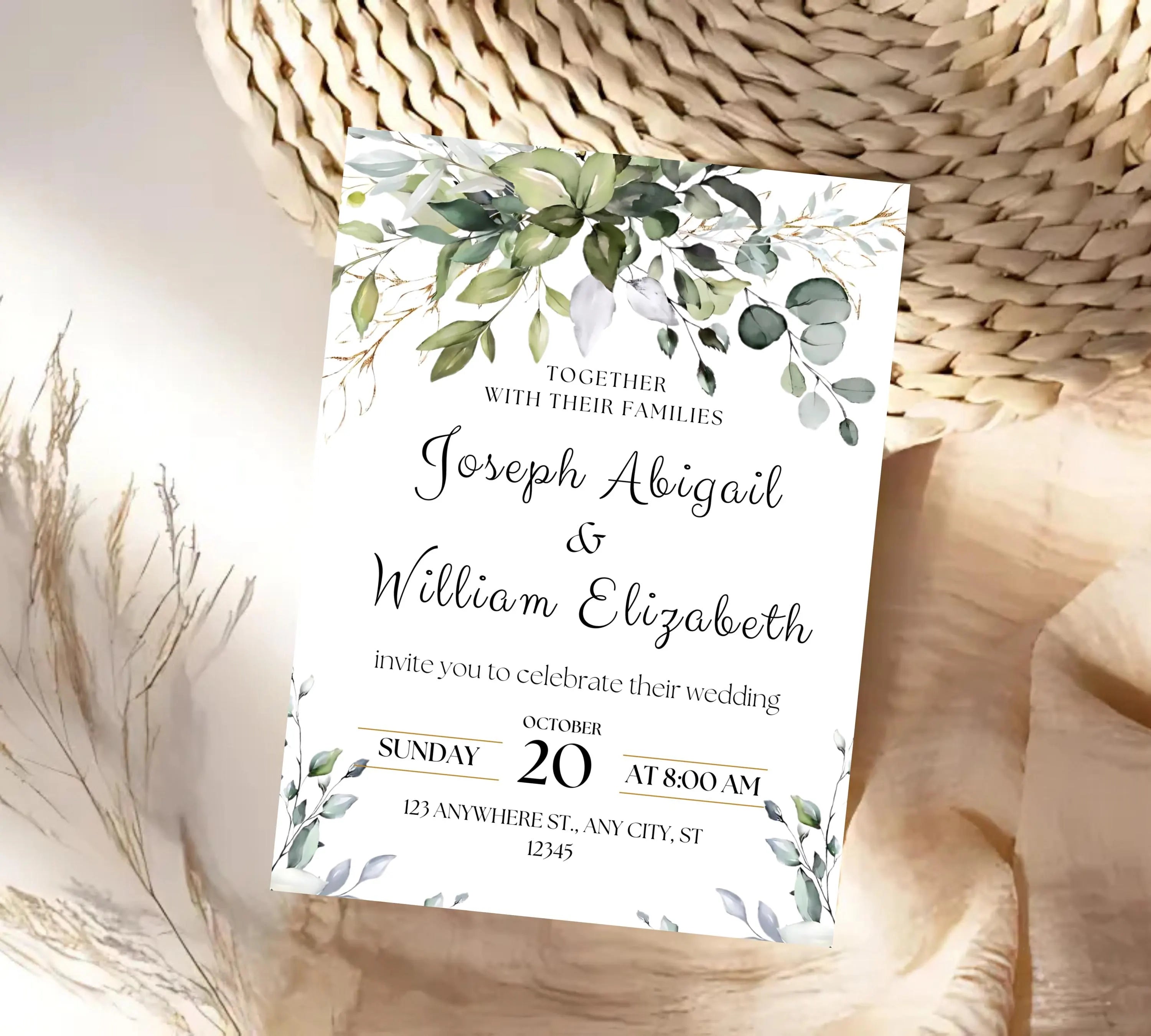 Classic White and Green Wedding Invitation Template, Greenery Gold Wedding Invite, Greenery Eucalyptus Invite, Modern Eucalyptus Wedding