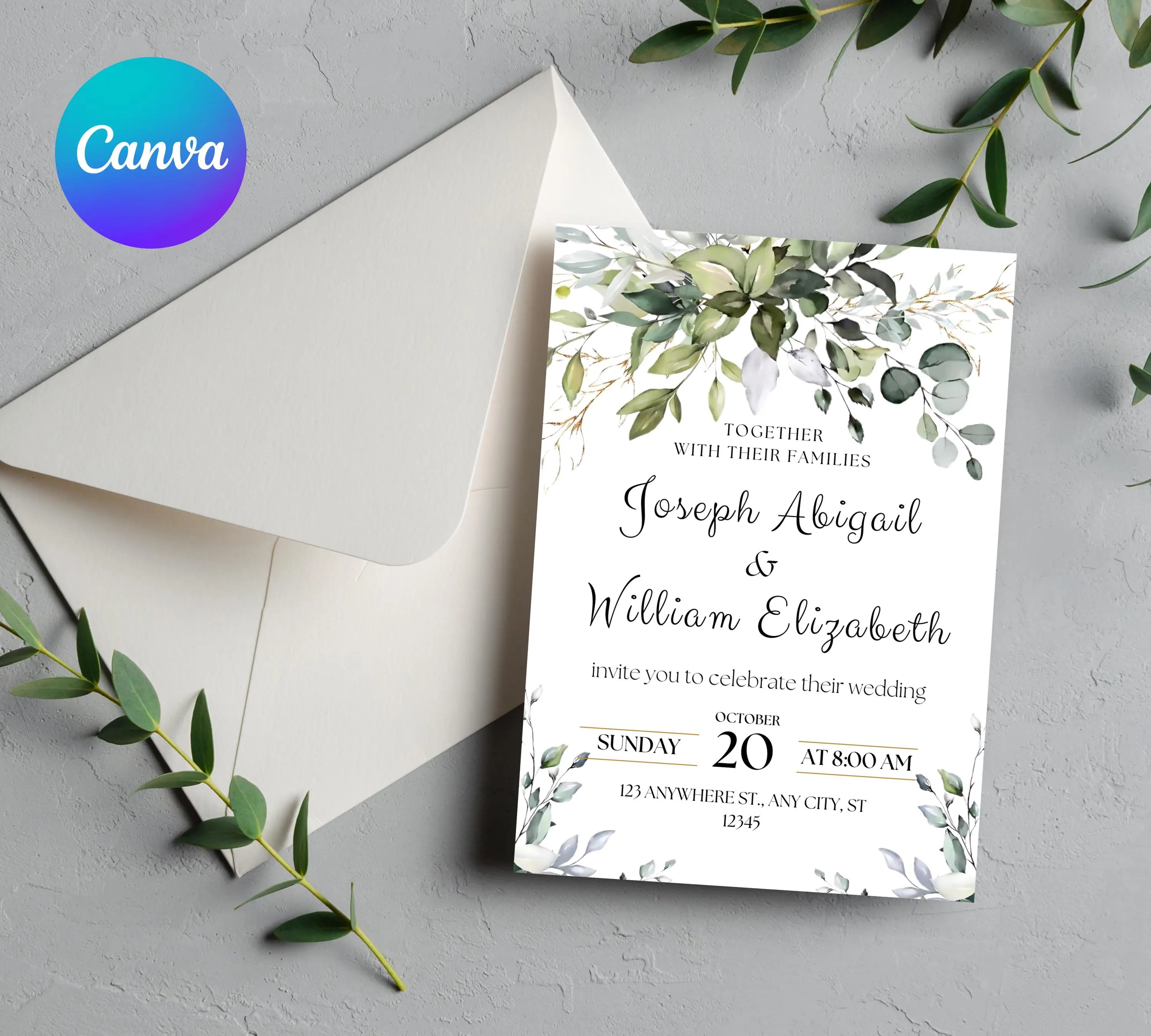 Classic White and Green Wedding Invitation Template, Greenery Gold Wedding Invite, Greenery Eucalyptus Invite, Modern Eucalyptus Wedding