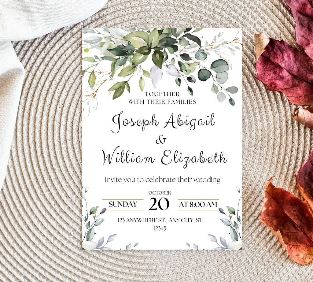 Classic White and Green Wedding Invitation Template, Greenery Gold Wedding Invite, Greenery Eucalyptus Invite, Modern Eucalyptus Wedding