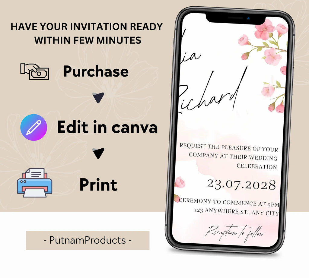 Editable Cherry Blossom Wedding Invitation Suite, Cherry Wedding Invitation, Boho Cherry Blossom Wedding Invitation, Editable Wedding Invite