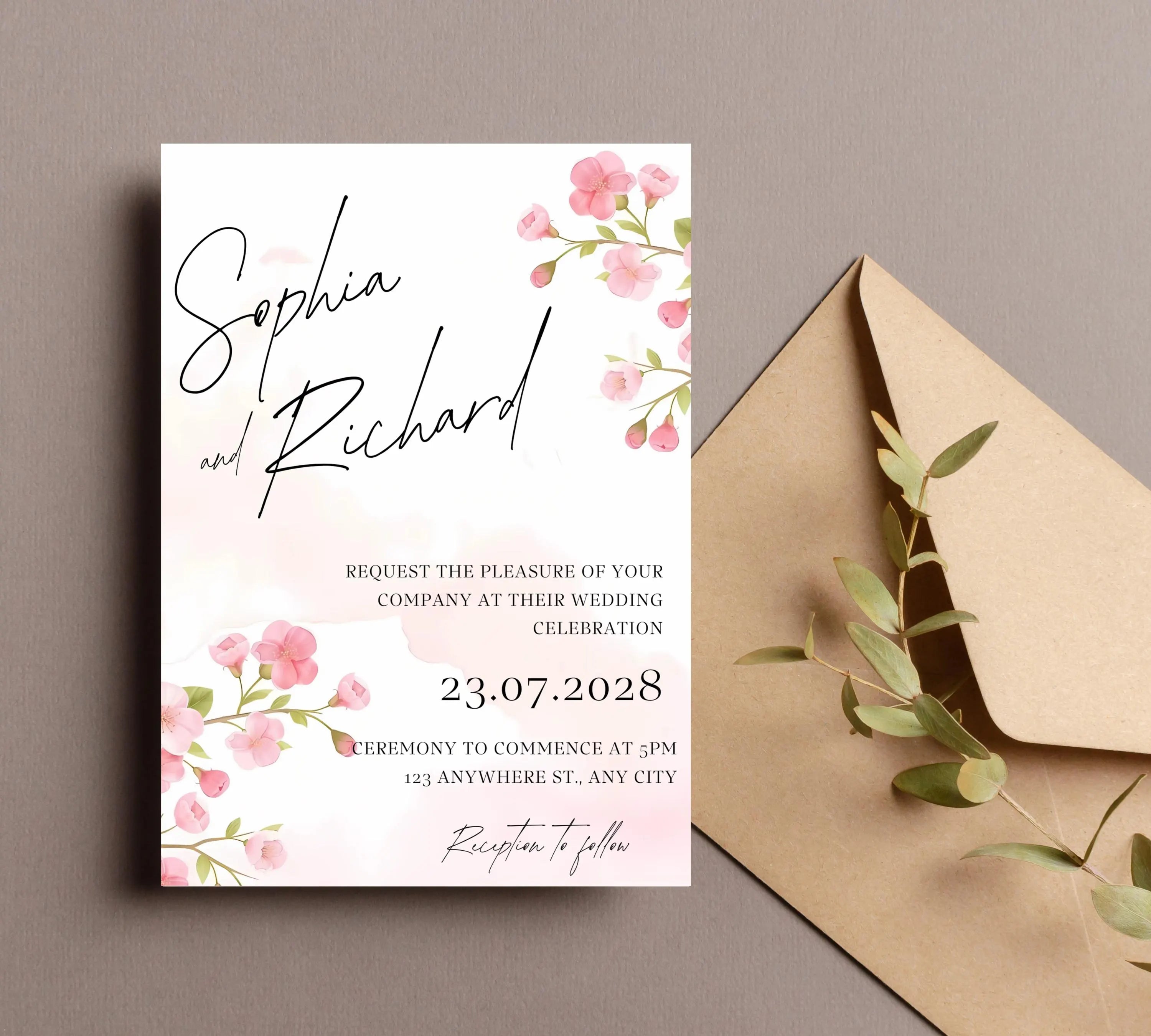 Editable Cherry Blossom Wedding Invitation Suite, Cherry Wedding Invitation, Boho Cherry Blossom Wedding Invitation, Editable Wedding Invite