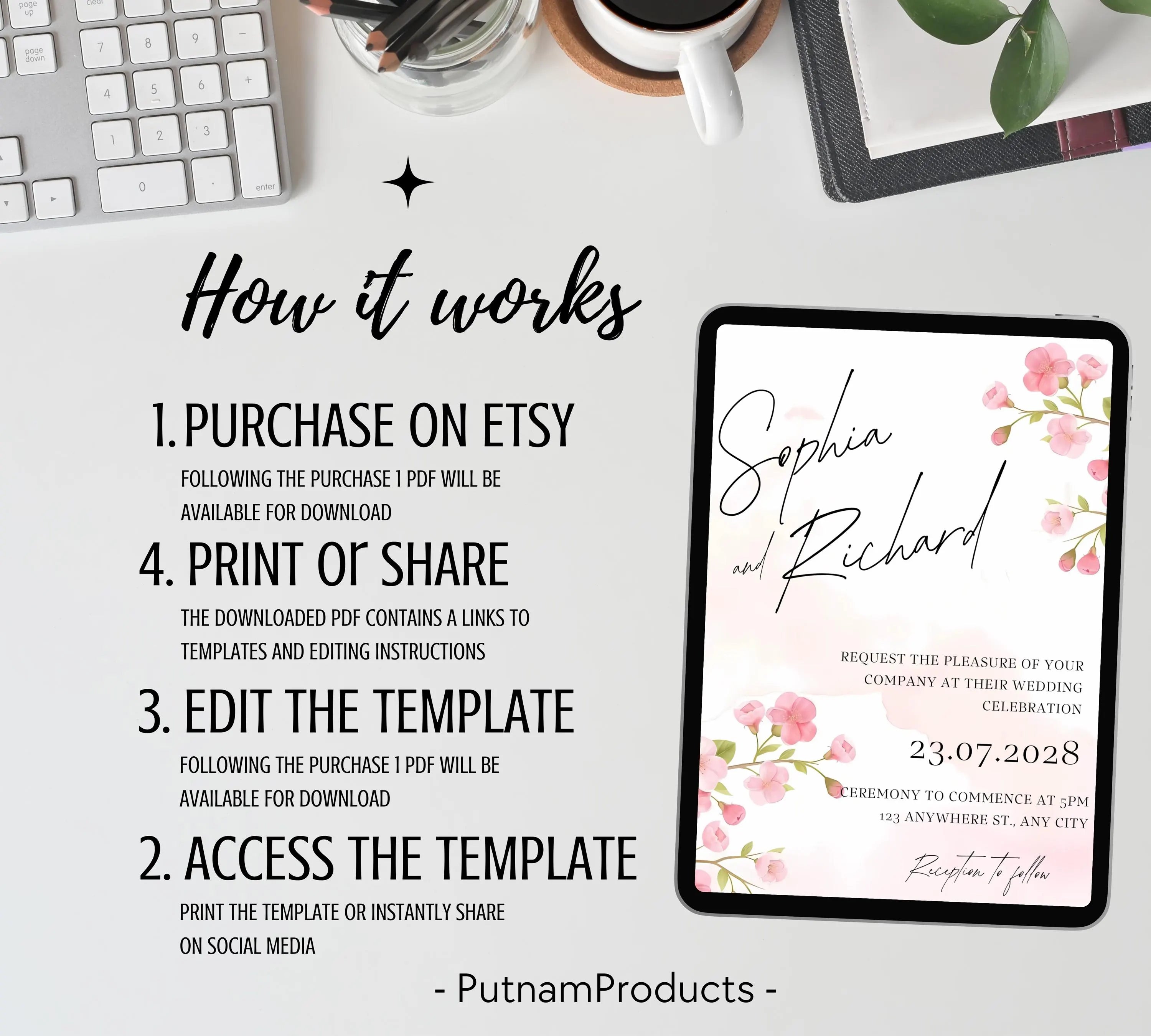 Editable Cherry Blossom Wedding Invitation Suite, Cherry Wedding Invitation, Boho Cherry Blossom Wedding Invitation, Editable Wedding Invite