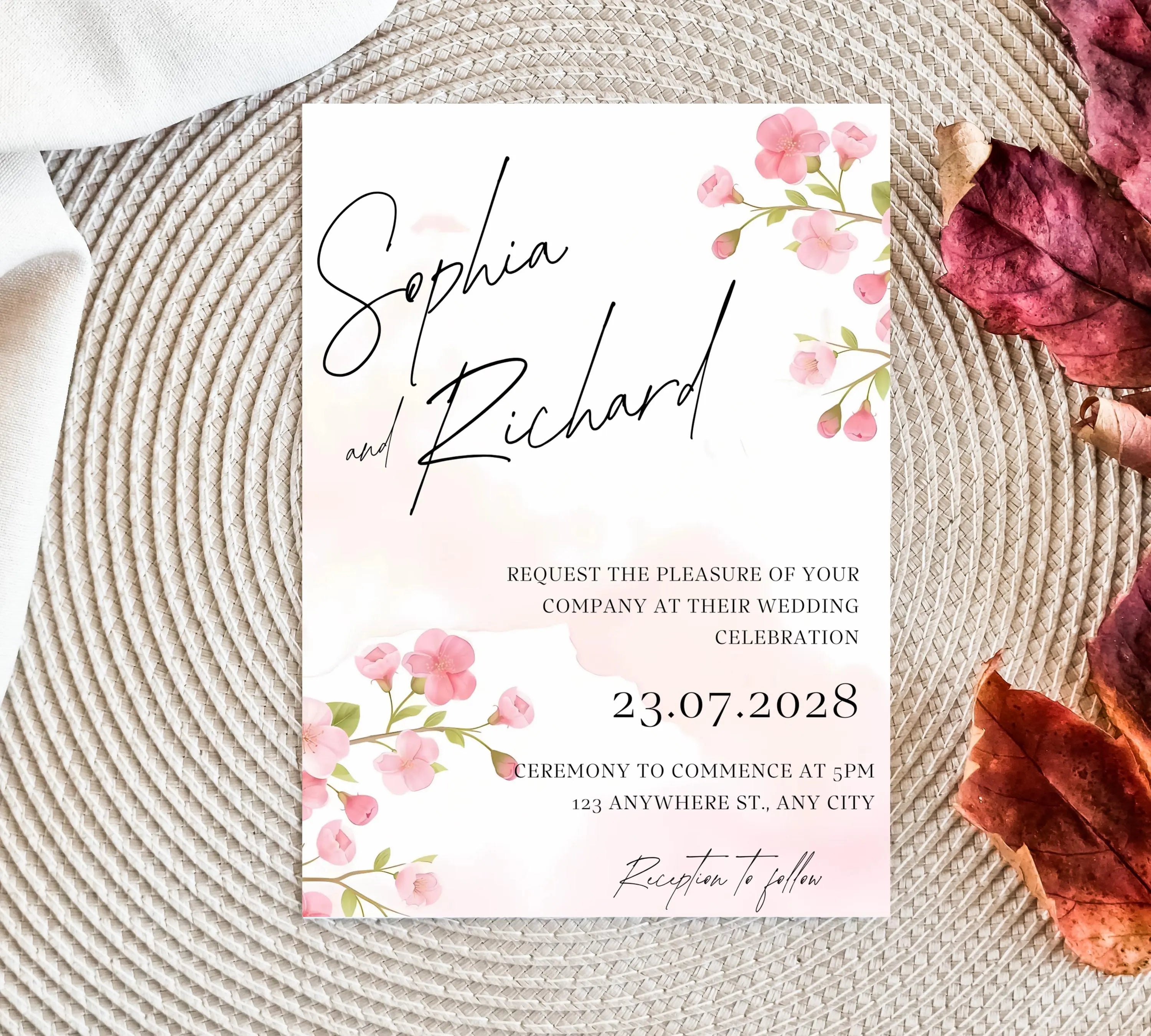 Editable Cherry Blossom Wedding Invitation Suite, Cherry Wedding Invitation, Boho Cherry Blossom Wedding Invitation, Editable Wedding Invite
