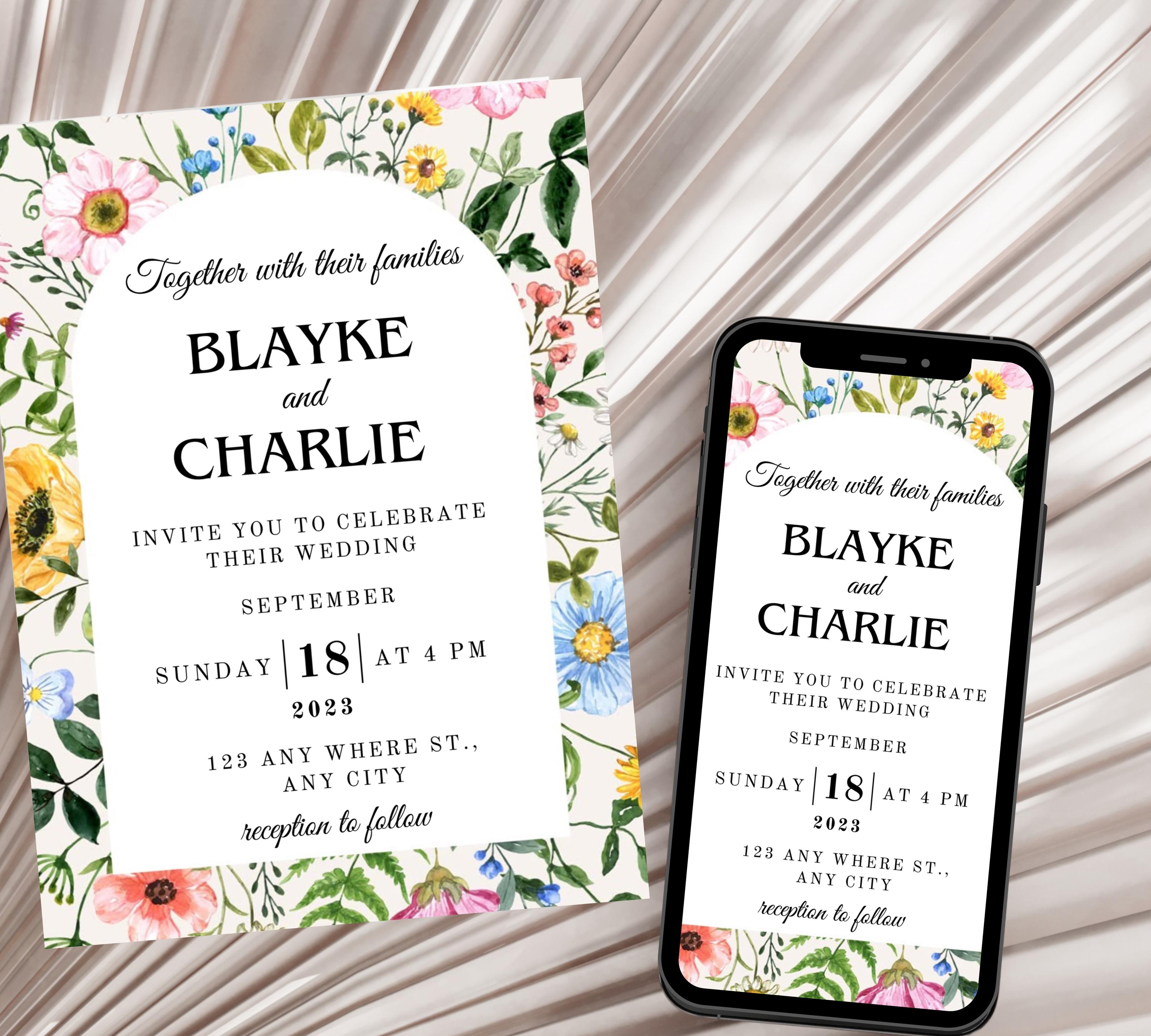 Editable Wildflower Meadow Wedding Invitation Set, Whimsical Floral Invitation Suite Template, Field Flower Wedding Invite