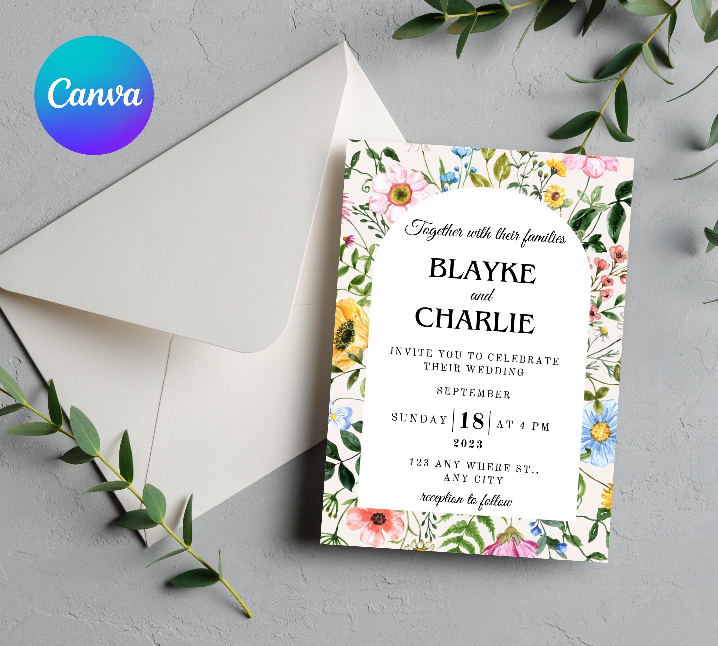 Editable Wildflower Meadow Wedding Invitation Set, Whimsical Floral Invitation Suite Template, Field Flower Wedding Invite