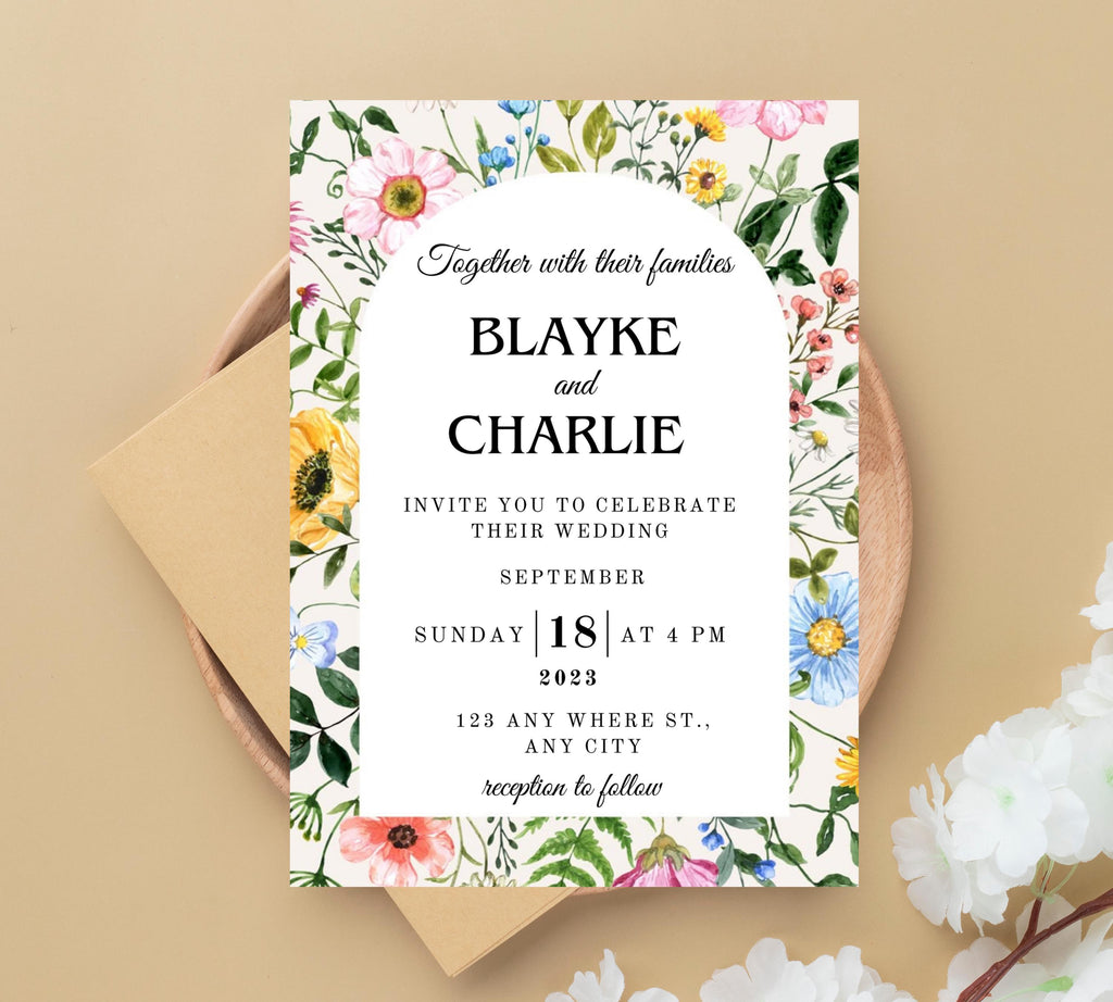 Editable Wildflower Meadow Wedding Invitation Set, Whimsical Floral Invitation Suite Template, Field Flower Wedding Invite