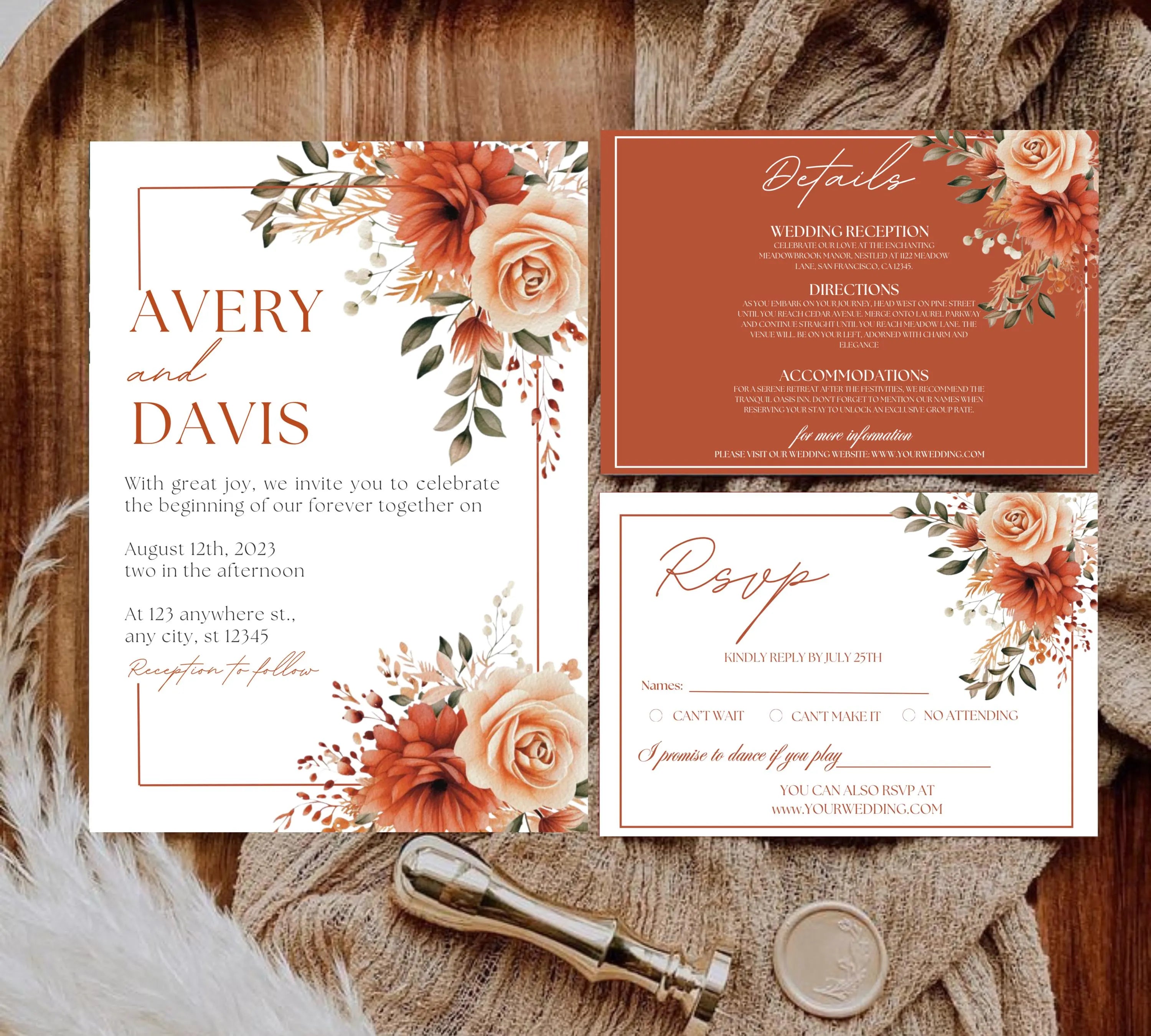 Autumn Floral Wedding Invitation, Fall Wildflower Wedding Invitation Suite, Fall Floral Wedding Invitation, Burnt Orange Rose Wedding Invite