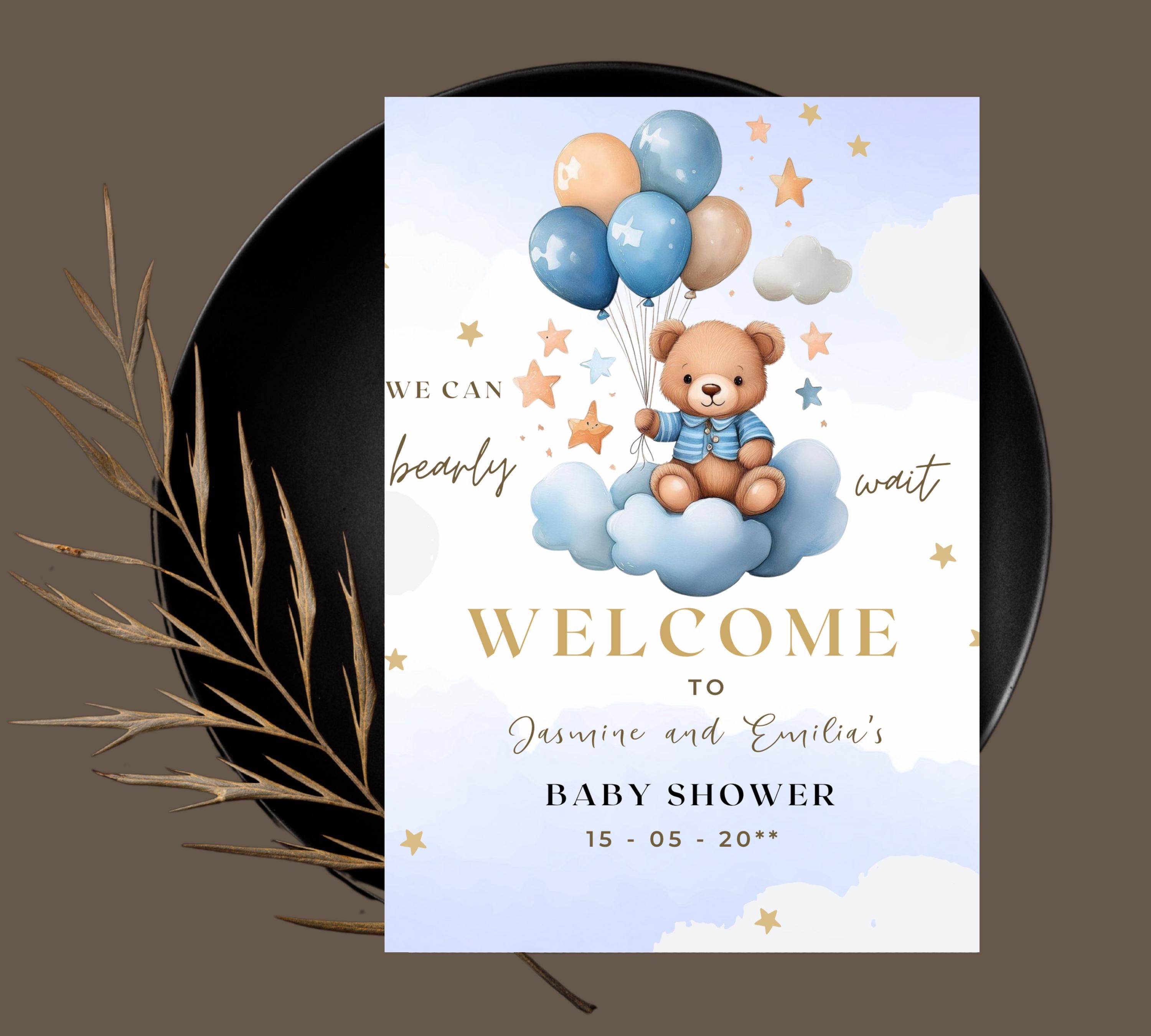 Teddy Bear Baby Shower Invitation, Blue Boy Boho Bear Baby Shower, We Can Bearly Wait Invitation, Blue Bear Invite for Boys