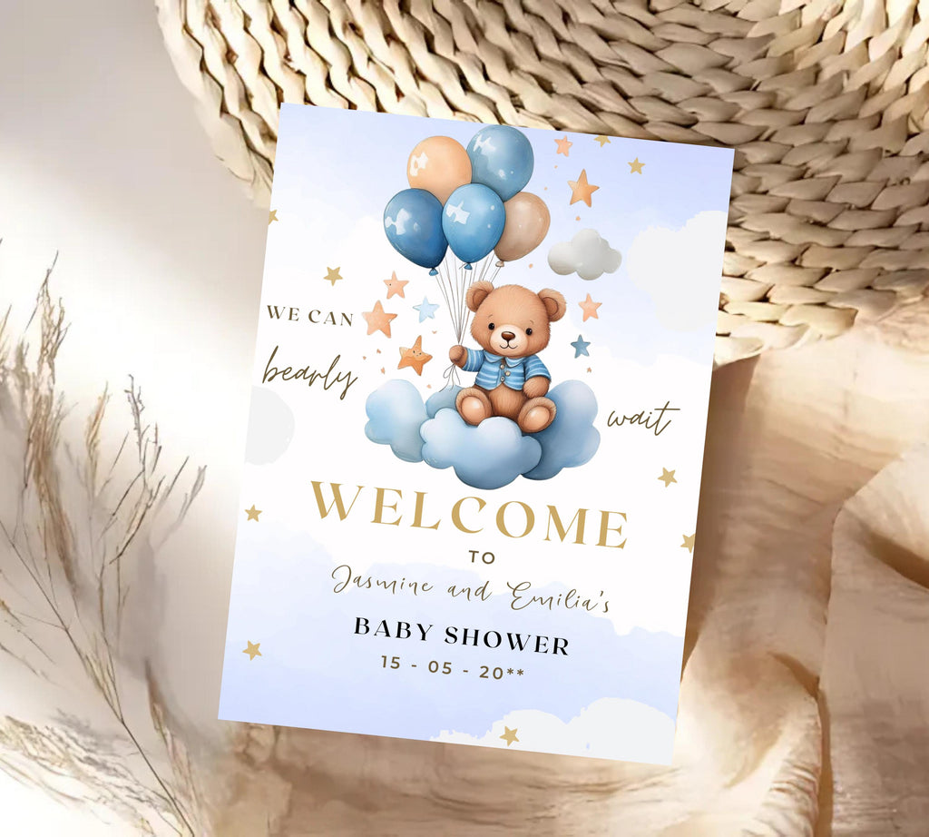Teddy Bear Baby Shower Invitation, Blue Boy Boho Bear Baby Shower, We Can Bearly Wait Invitation, Blue Bear Invite for Boys