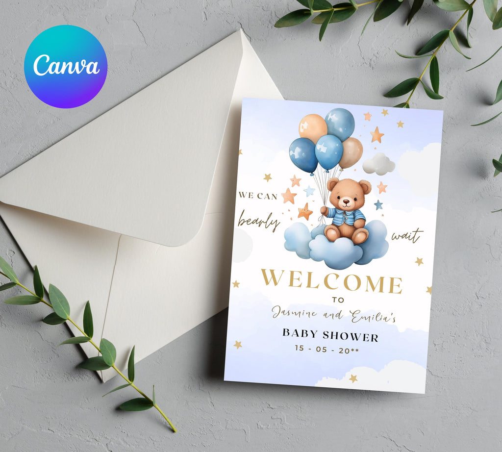 Teddy Bear Baby Shower Invitation, Blue Boy Boho Bear Baby Shower, We Can Bearly Wait Invitation, Blue Bear Invite for Boys