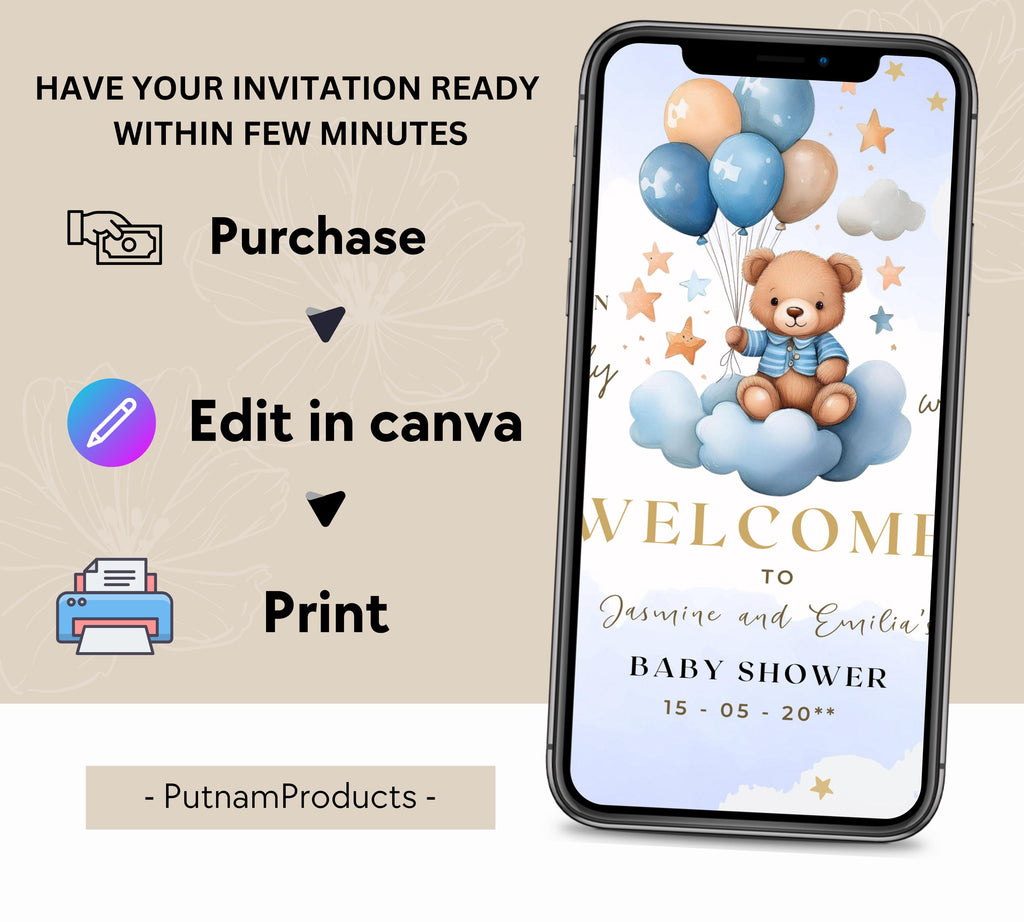 Teddy Bear Baby Shower Invitation, Blue Boy Boho Bear Baby Shower, We Can Bearly Wait Invitation, Blue Bear Invite for Boys
