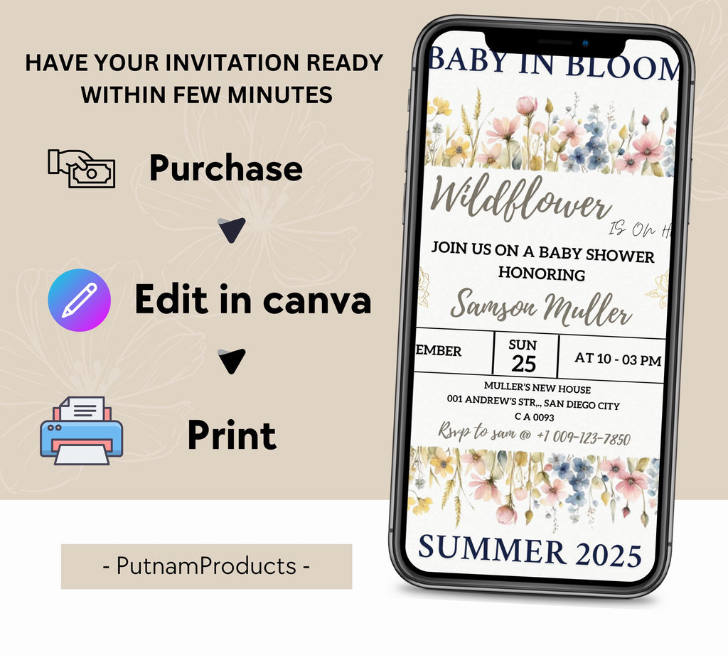 wildflower baby shower invitation, Baby in Bloom Baby Shower Invitation Template, wildflower shower invitation, spring flower invite