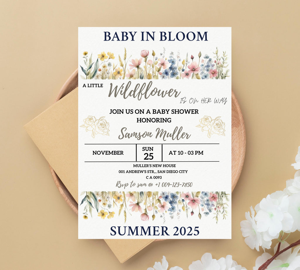 wildflower baby shower invitation, Baby in Bloom Baby Shower Invitation Template, wildflower shower invitation, spring flower invite