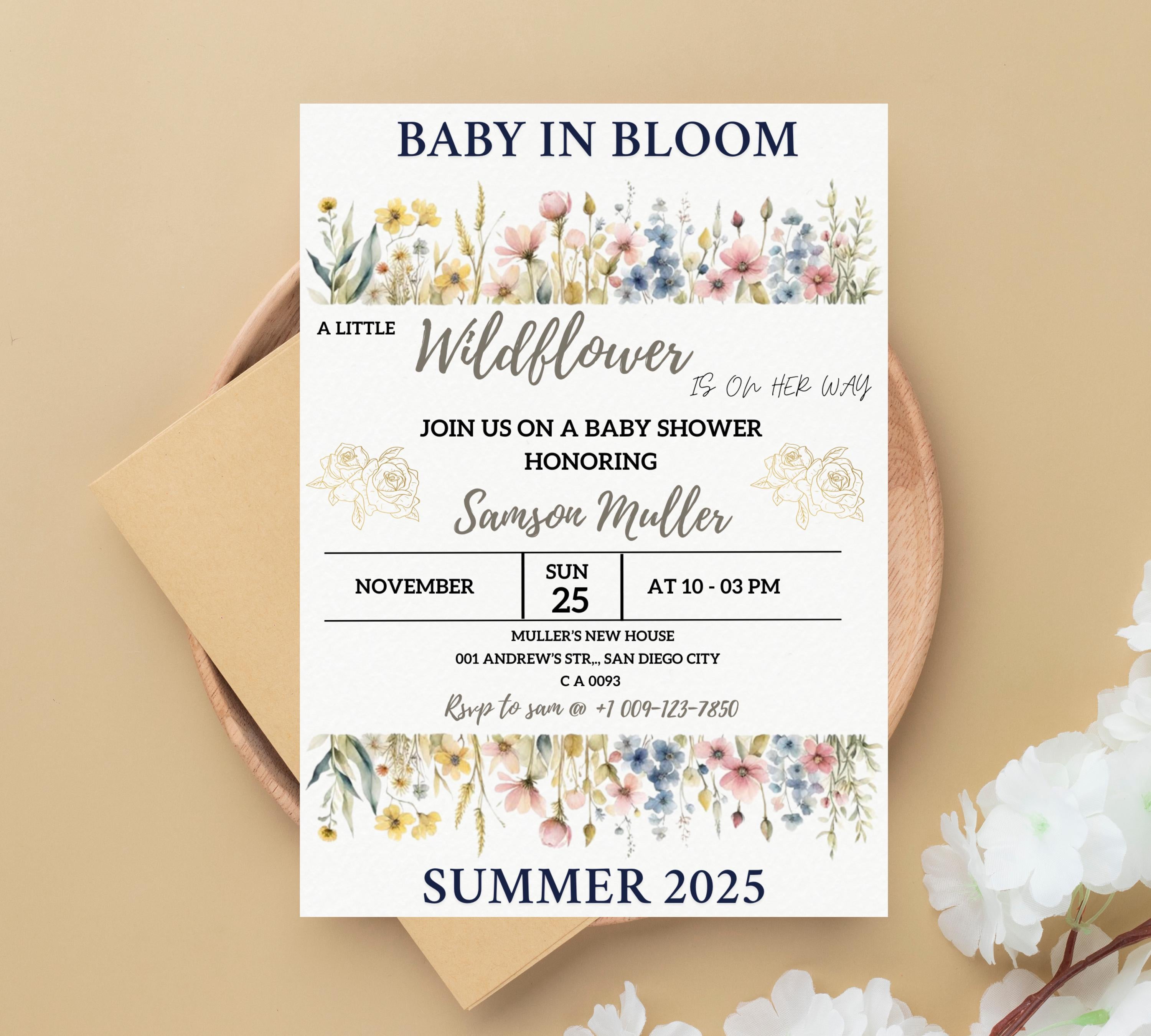 wildflower baby shower invitation, Baby in Bloom Baby Shower Invitation Template, wildflower shower invitation, spring flower invite