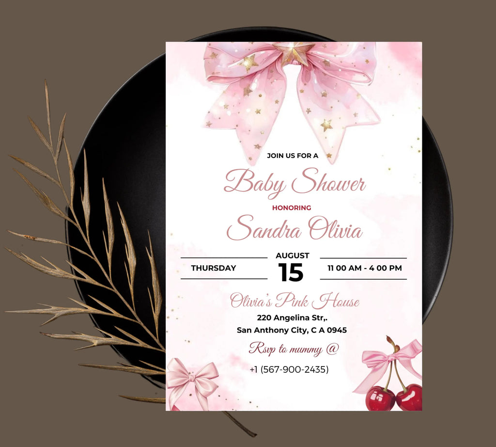 Editable Pink Bow Baby Shower Invitation, Pink Bow Invitation and Editable Games, Pink Coquette Bow Baby Shower Decoration Baby Girl