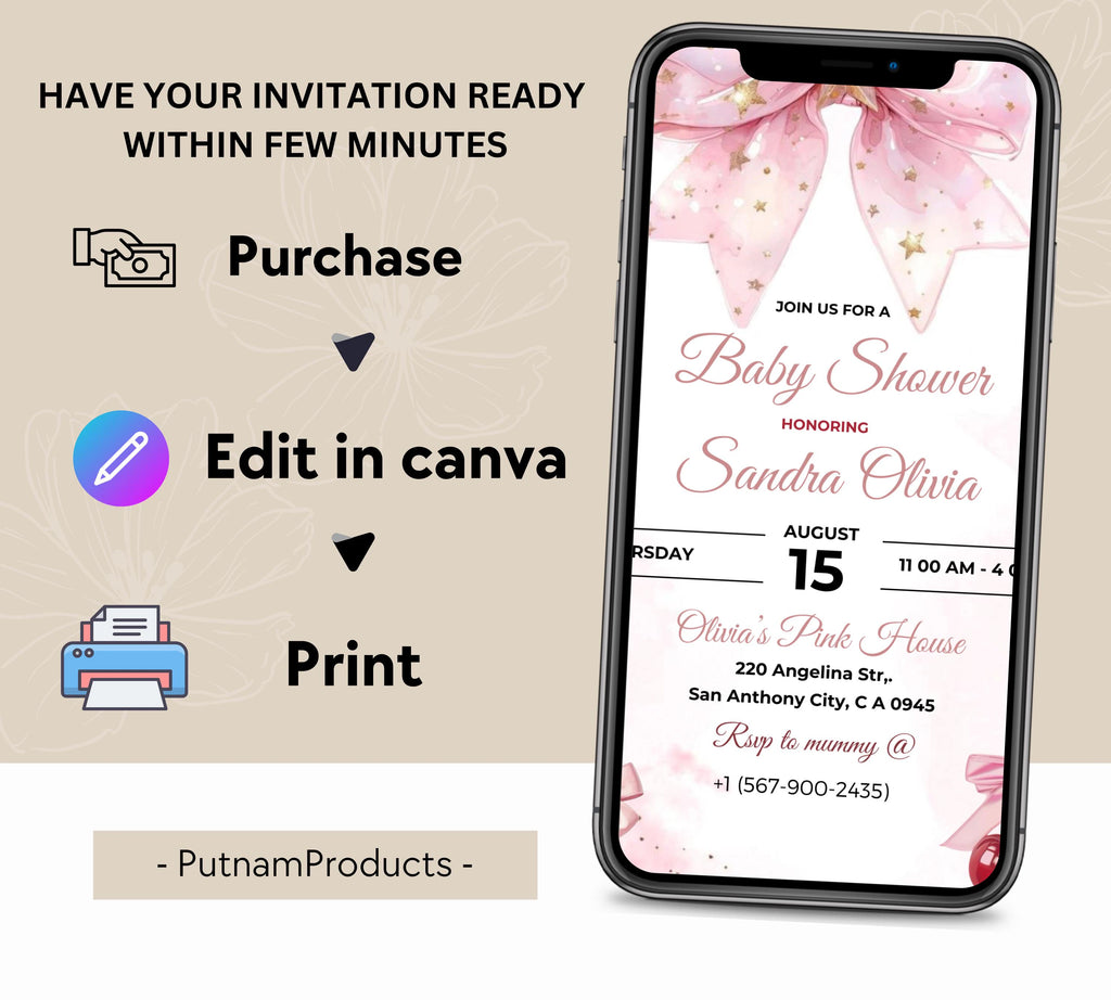 Editable Pink Bow Baby Shower Invitation, Pink Bow Invitation and Editable Games, Pink Coquette Bow Baby Shower Decoration Baby Girl