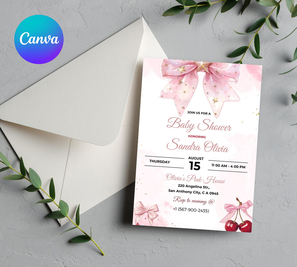 Editable Pink Bow Baby Shower Invitation, Pink Bow Invitation and Editable Games, Pink Coquette Bow Baby Shower Decoration Baby Girl
