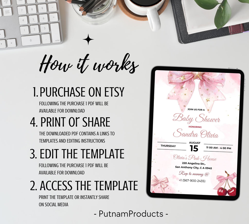 Editable Pink Bow Baby Shower Invitation, Pink Bow Invitation and Editable Games, Pink Coquette Bow Baby Shower Decoration Baby Girl