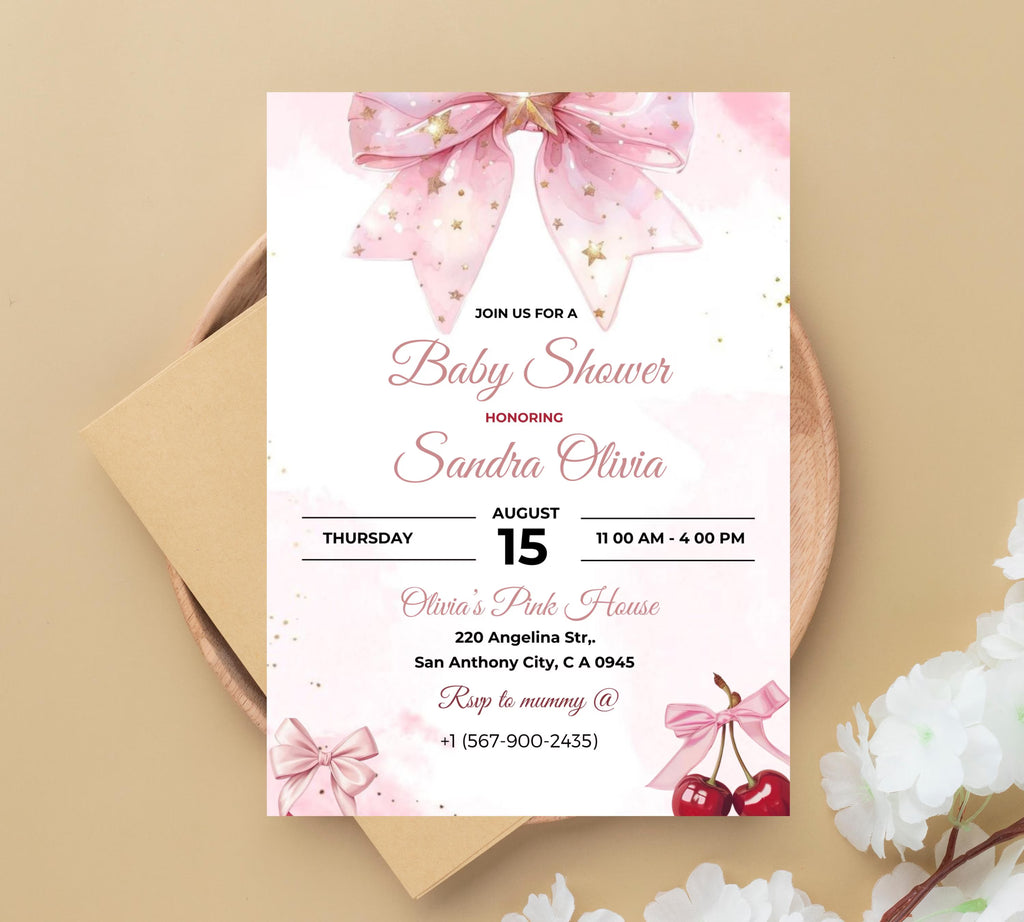 Editable Pink Bow Baby Shower Invitation, Pink Bow Invitation and Editable Games, Pink Coquette Bow Baby Shower Decoration Baby Girl
