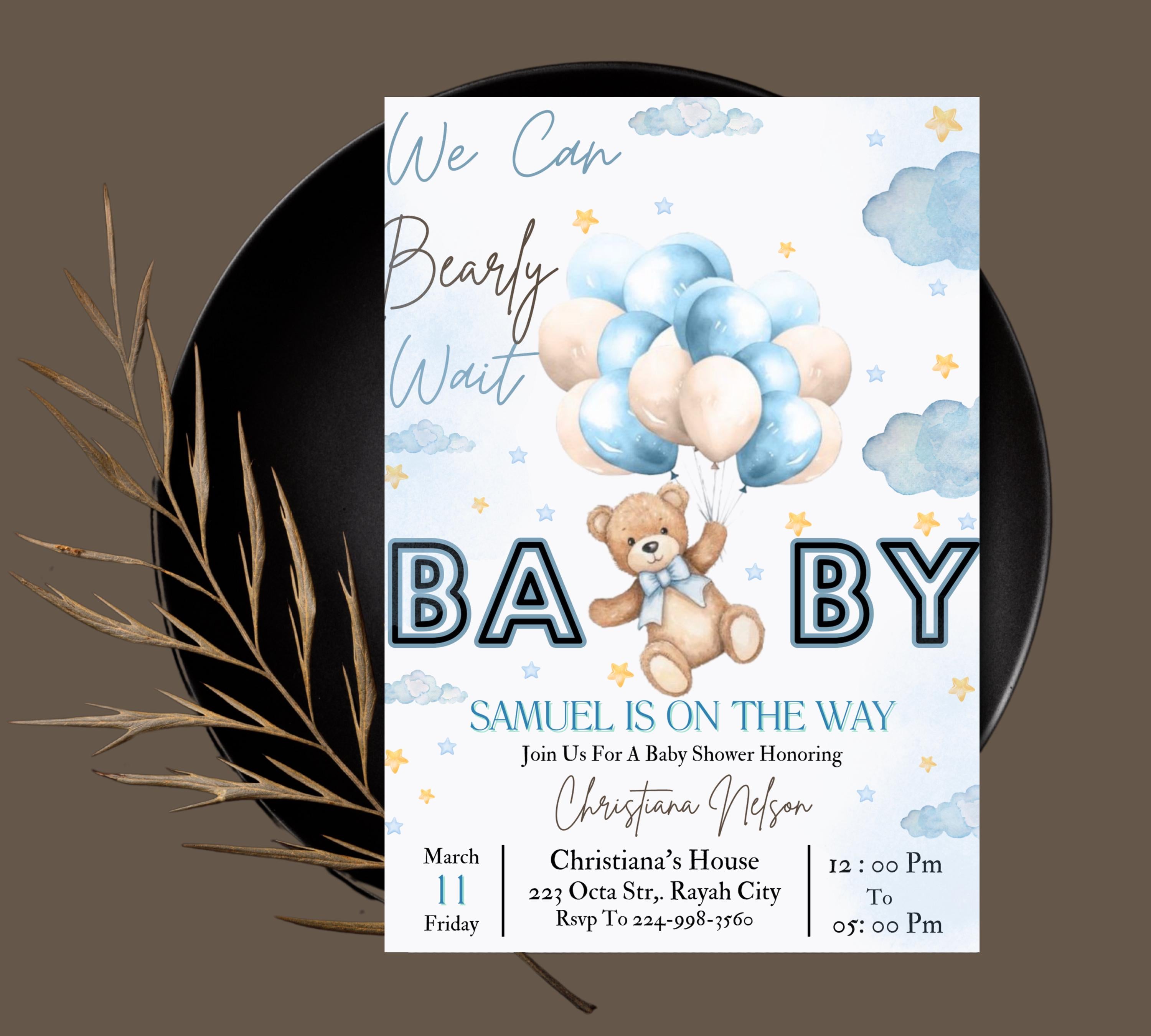 Bear Baby Shower Invite, Blue Boy Boho Bear Baby Shower, We Can Bearly Wait Invitation, Blue Bear Invite for Boys, Editable in Canva BB088