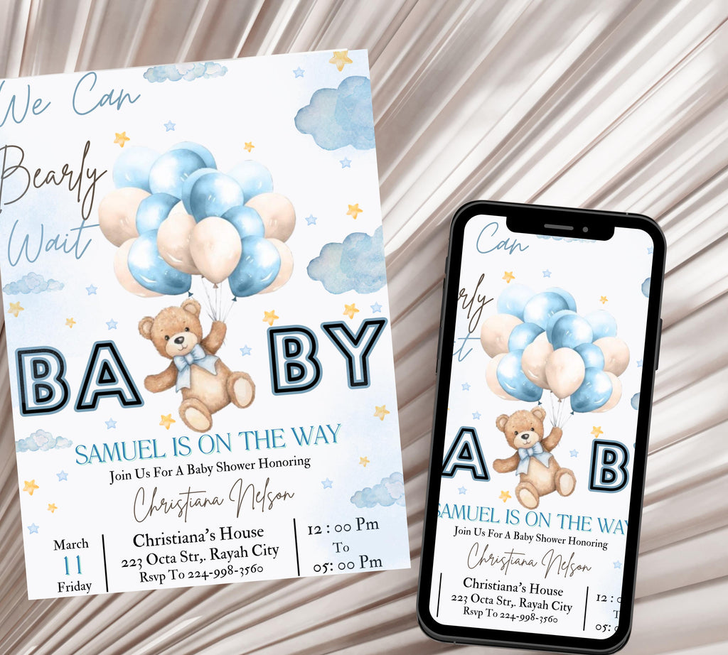 Bear Baby Shower Invite, Blue Boy Boho Bear Baby Shower, We Can Bearly Wait Invitation, Blue Bear Invite for Boys, Editable in Canva BB088