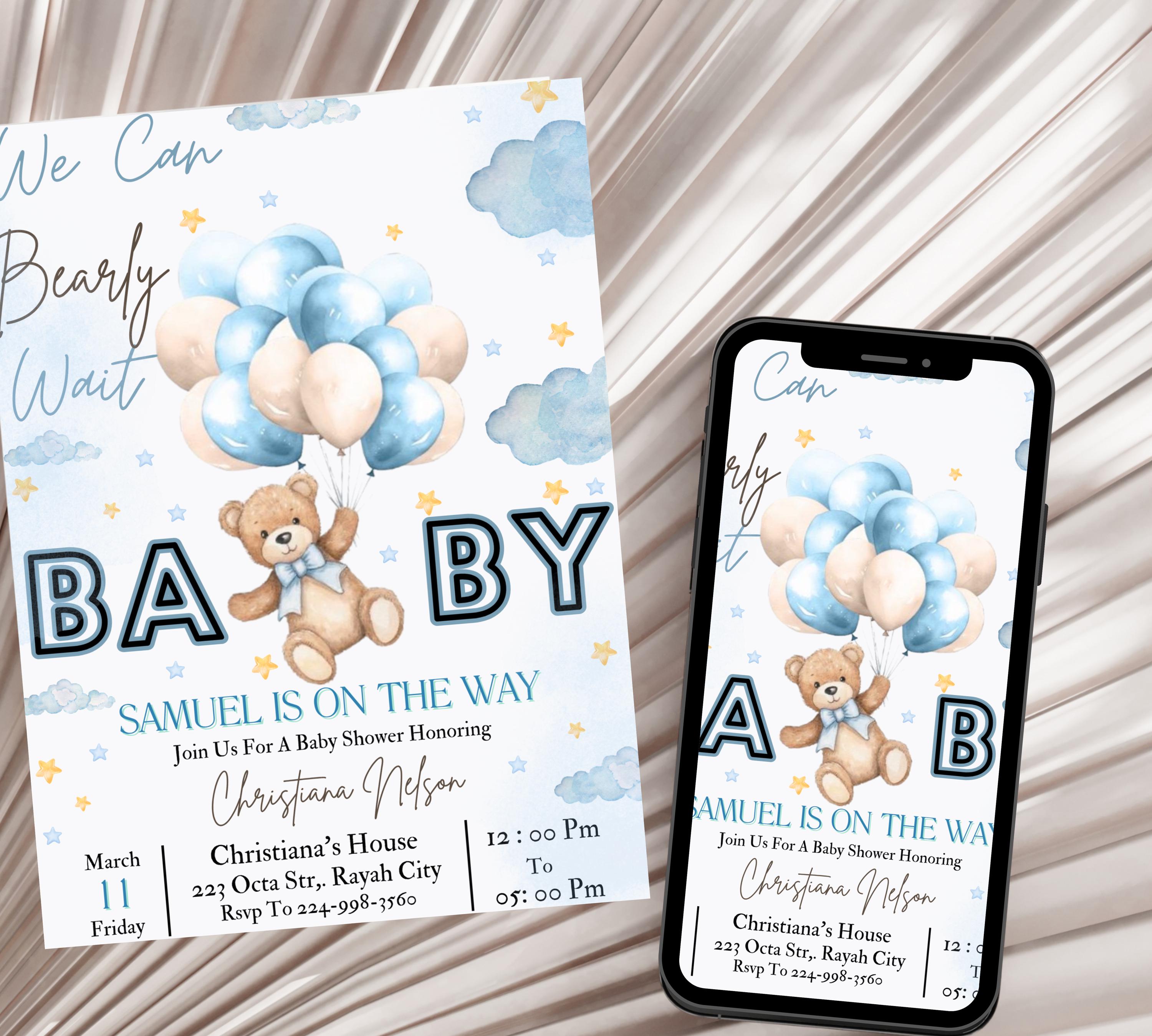 Bear Baby Shower Invite, Blue Boy Boho Bear Baby Shower, We Can Bearly Wait Invitation, Blue Bear Invite for Boys, Editable in Canva BB088