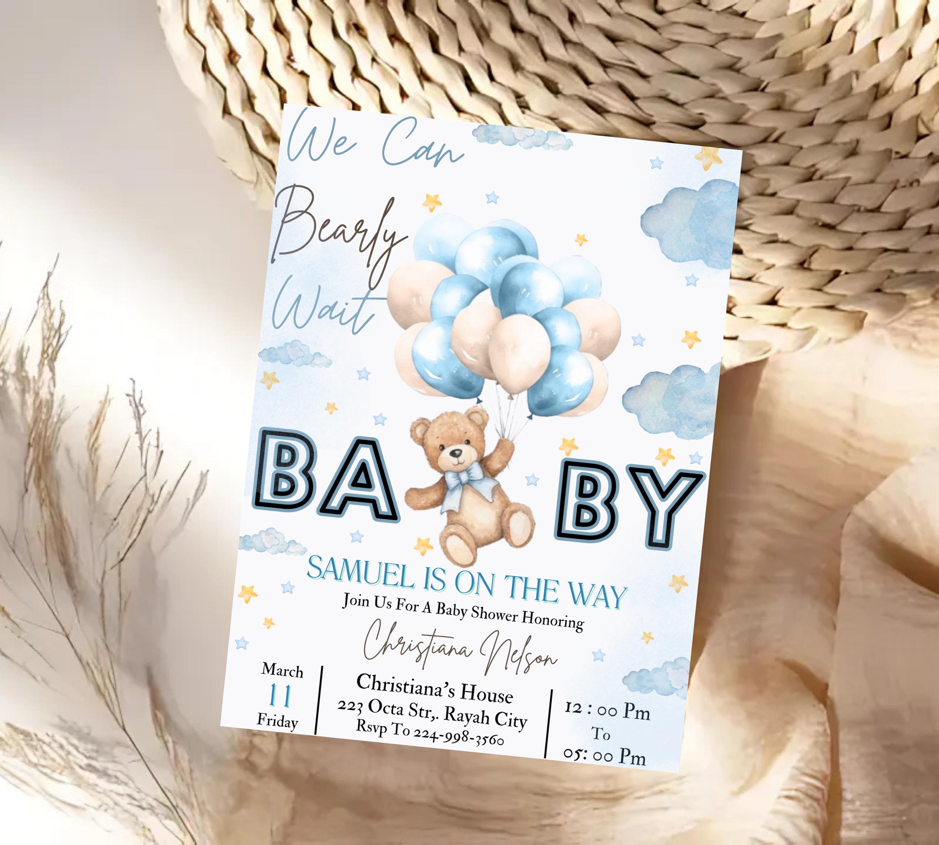 Bear Baby Shower Invite, Blue Boy Boho Bear Baby Shower, We Can Bearly Wait Invitation, Blue Bear Invite for Boys, Editable in Canva BB088