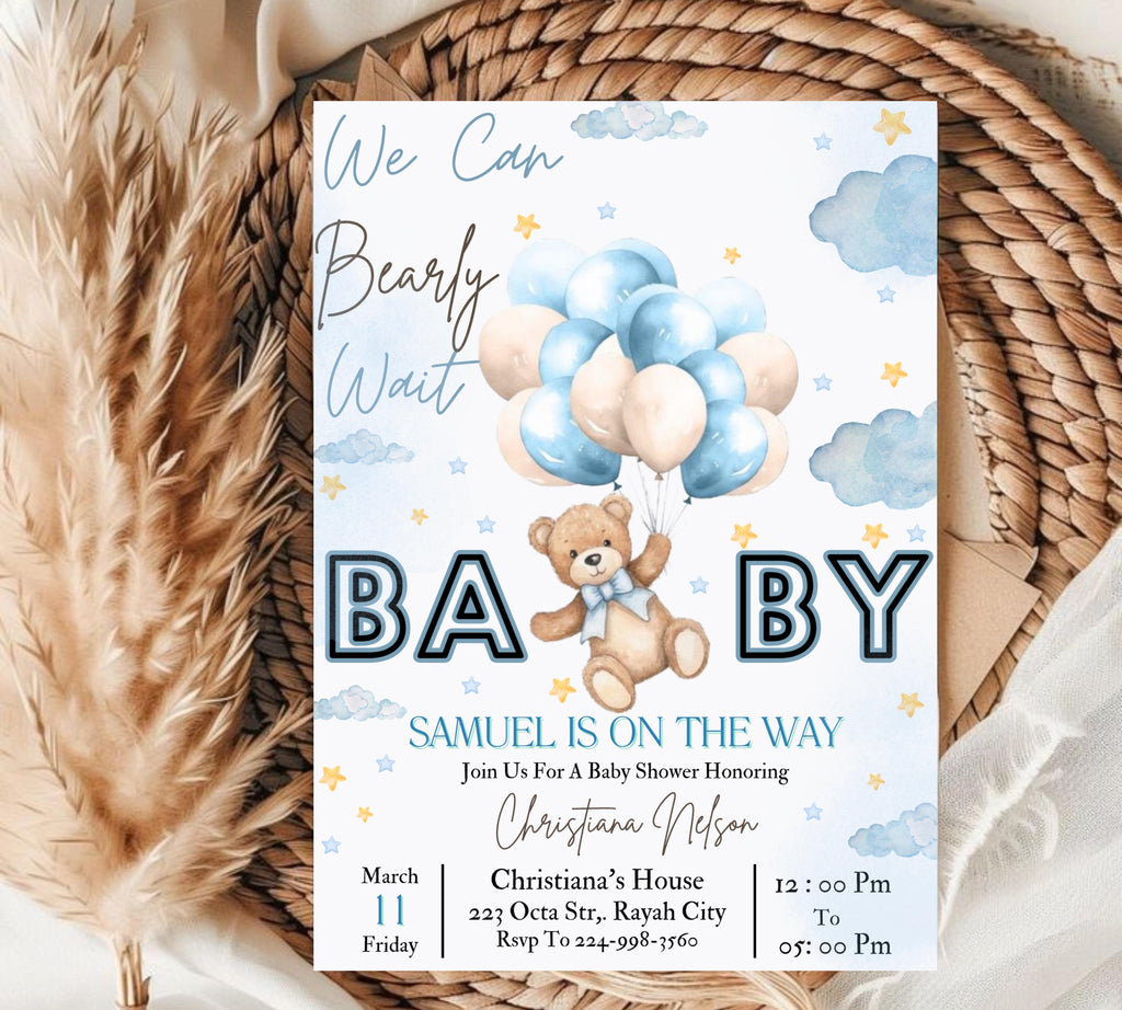 Bear Baby Shower Invite, Blue Boy Boho Bear Baby Shower, We Can Bearly Wait Invitation, Blue Bear Invite for Boys, Editable in Canva BB088