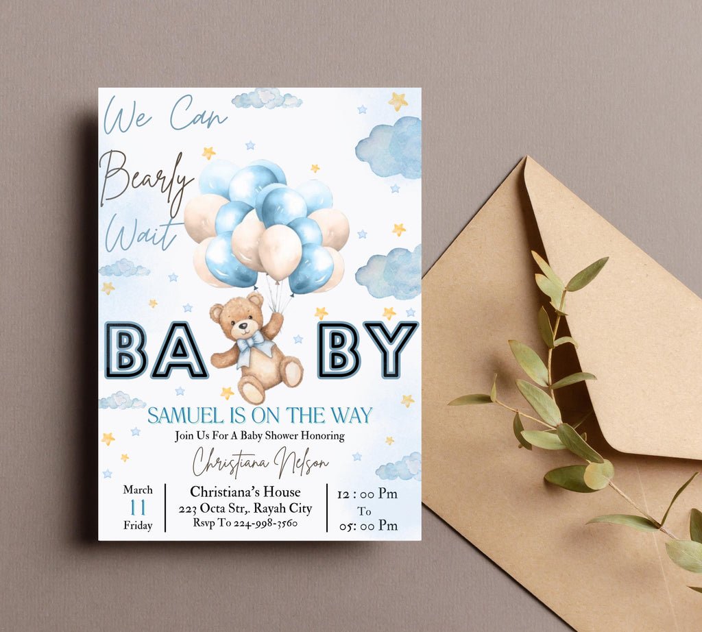 Bear Baby Shower Invite, Blue Boy Boho Bear Baby Shower, We Can Bearly Wait Invitation, Blue Bear Invite for Boys, Editable in Canva BB088