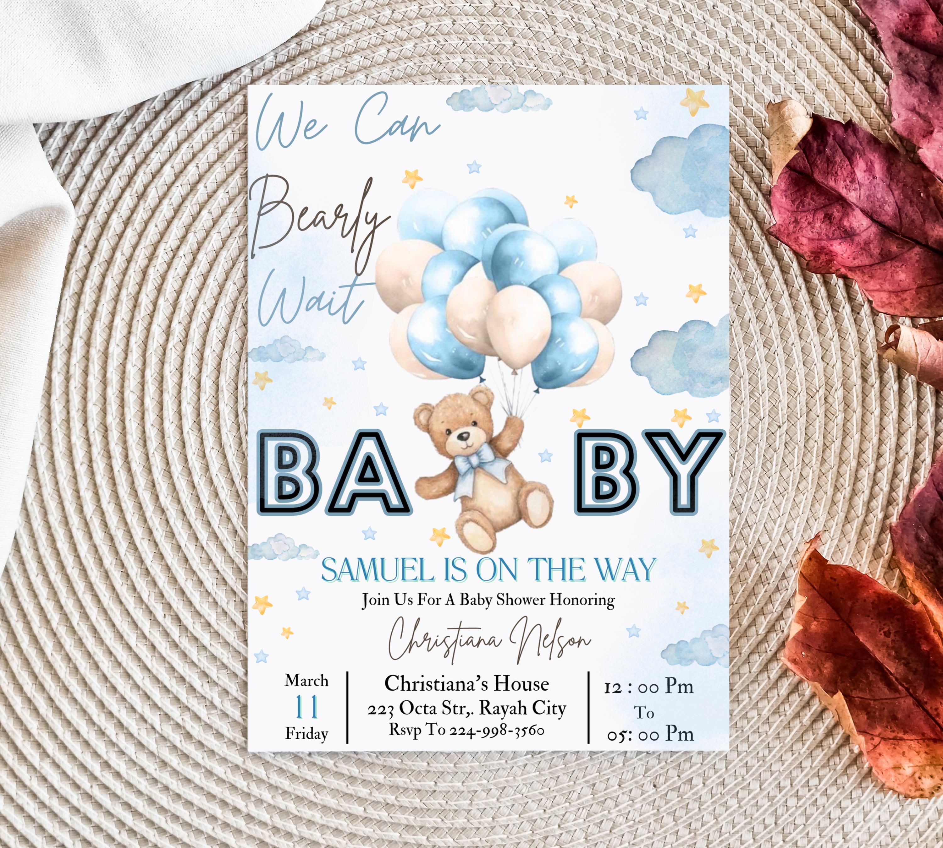 Bear Baby Shower Invite, Blue Boy Boho Bear Baby Shower, We Can Bearly Wait Invitation, Blue Bear Invite for Boys, Editable in Canva BB088