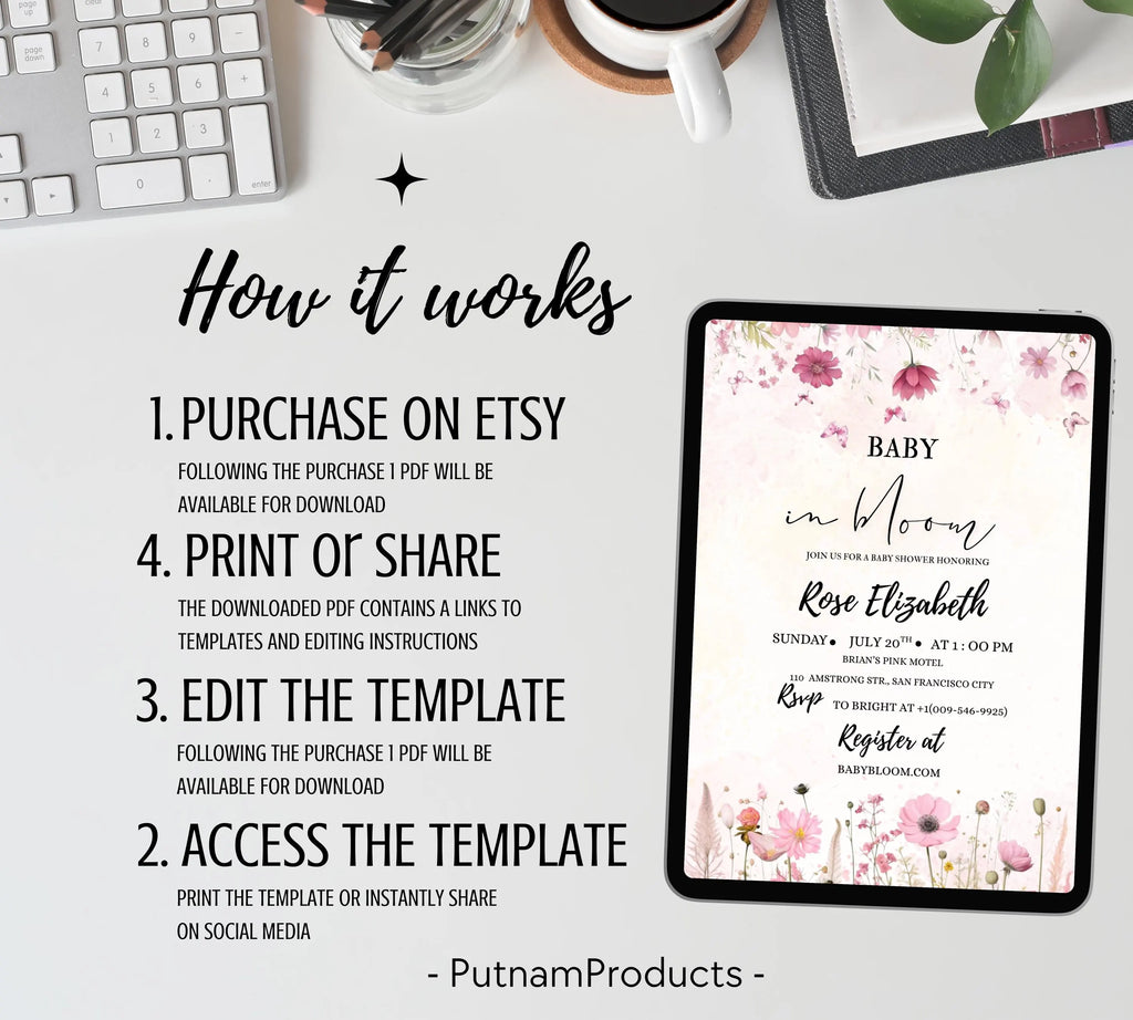 Editable Baby in Bloom Baby Shower Invitation, Baby Shower Invitation, Flower Baby Shower Invitation, Wildflowers Baby Shower Invite