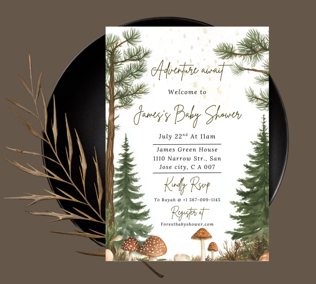 Editable Forest Baby Shower invitation, Neutral Baby Shower Invite, Forest Mountain Baby Shower Invite, Greenery Forest Animals Invite