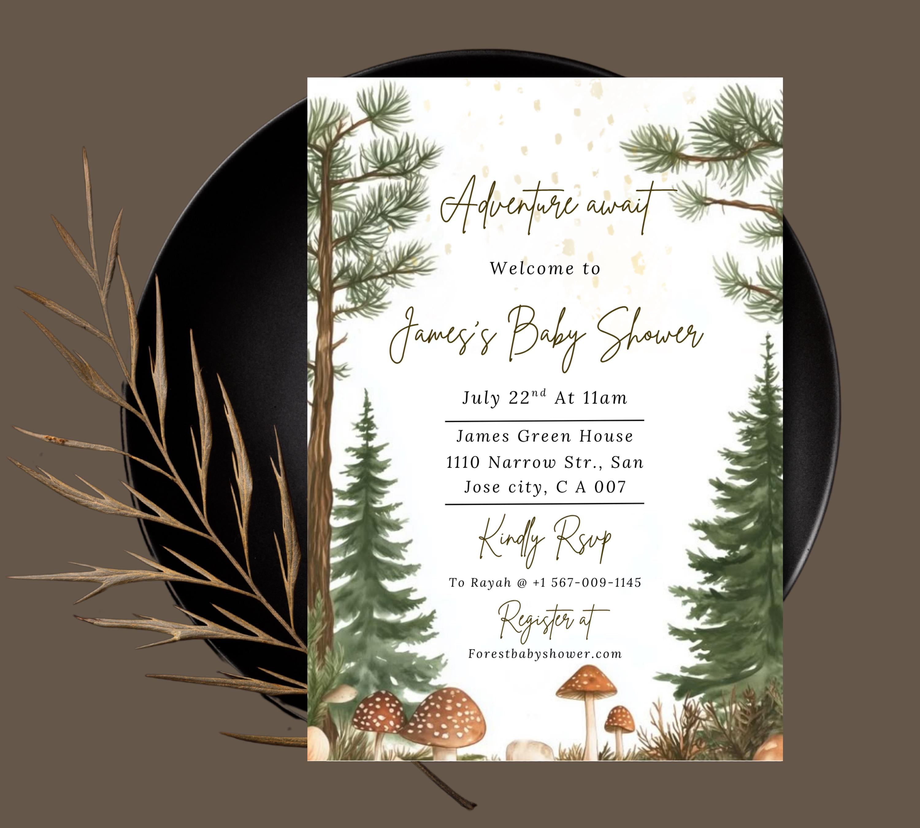 Editable Forest Baby Shower invitation, Neutral Baby Shower Invite, Forest Mountain Baby Shower Invite, Greenery Forest Animals Invite