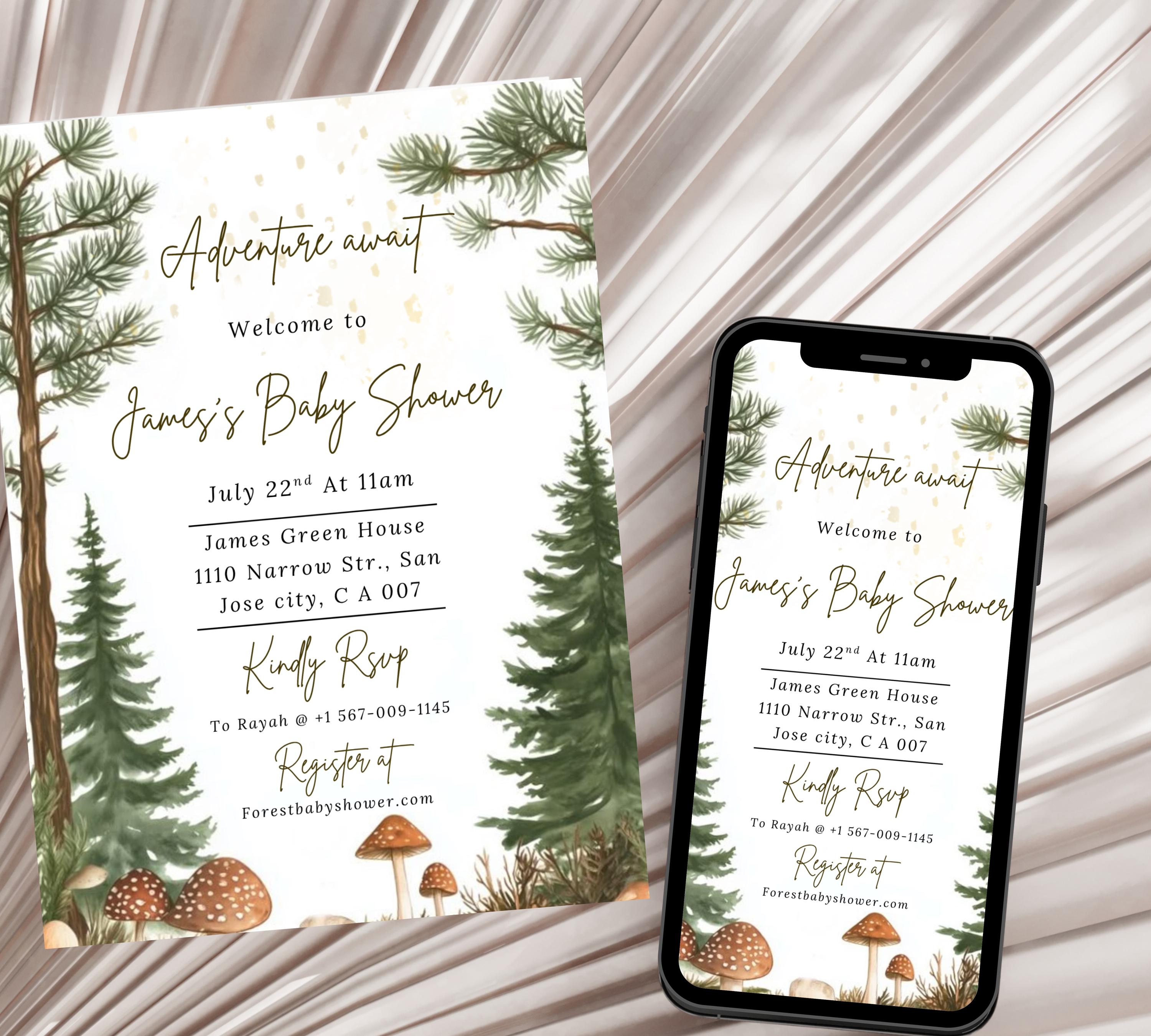 Editable Forest Baby Shower invitation, Neutral Baby Shower Invite, Forest Mountain Baby Shower Invite, Greenery Forest Animals Invite
