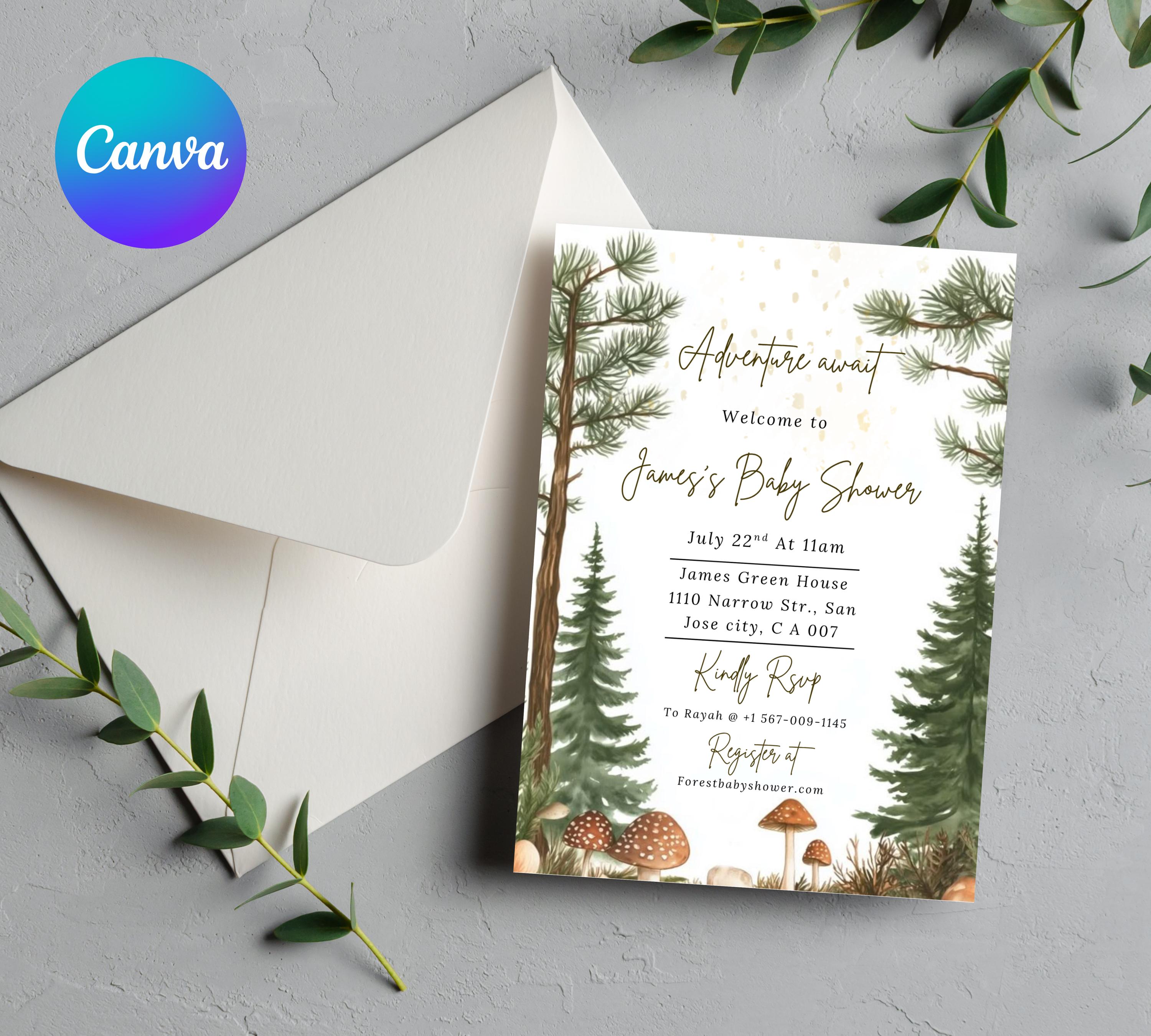 Editable Forest Baby Shower invitation, Neutral Baby Shower Invite, Forest Mountain Baby Shower Invite, Greenery Forest Animals Invite
