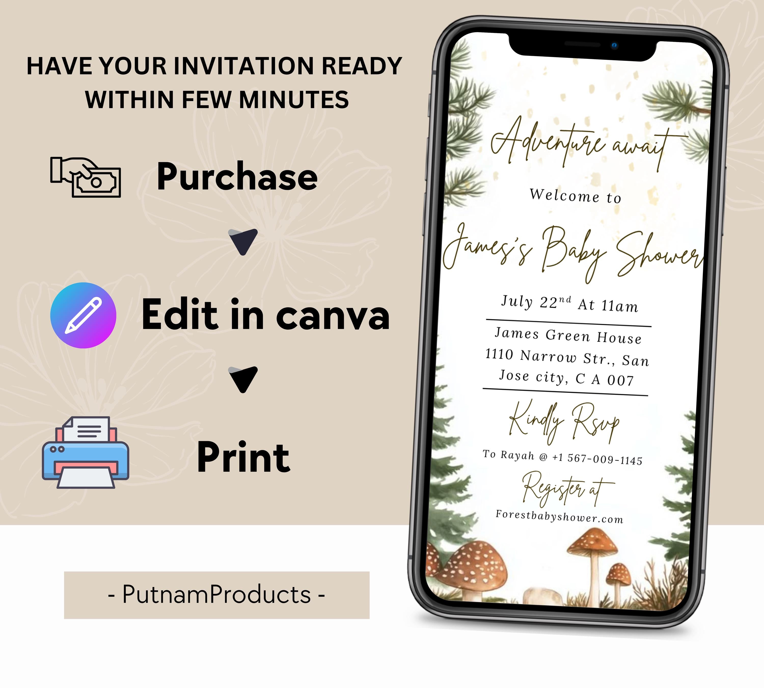 Editable Forest Baby Shower invitation, Neutral Baby Shower Invite, Forest Mountain Baby Shower Invite, Greenery Forest Animals Invite