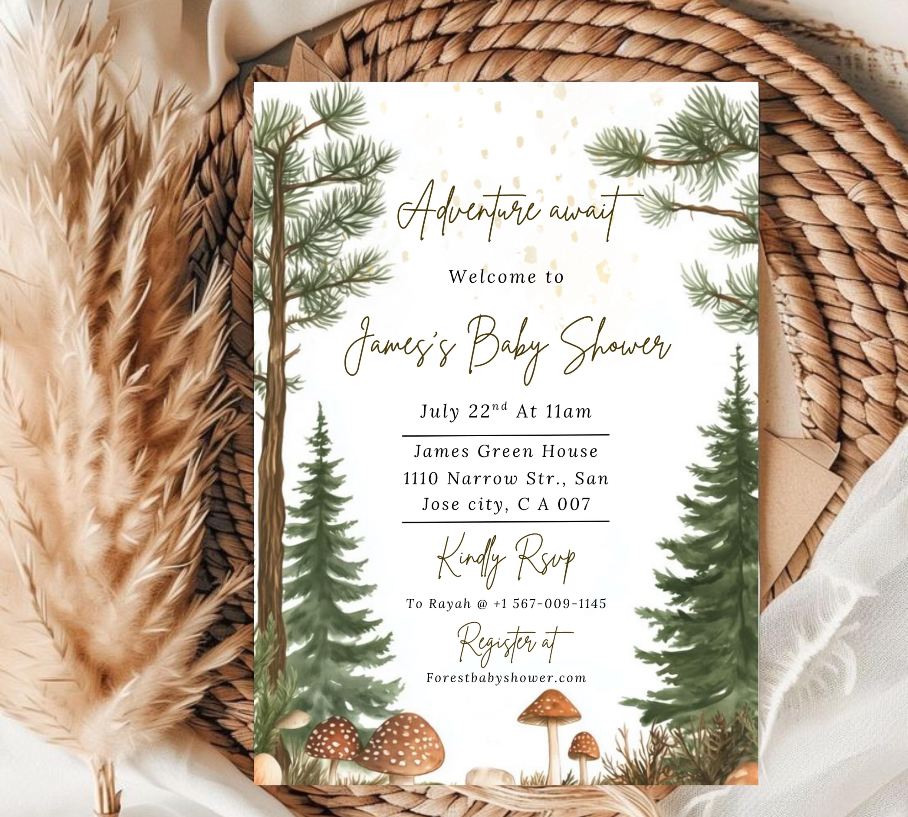 Editable Forest Baby Shower invitation, Neutral Baby Shower Invite, Forest Mountain Baby Shower Invite, Greenery Forest Animals Invite