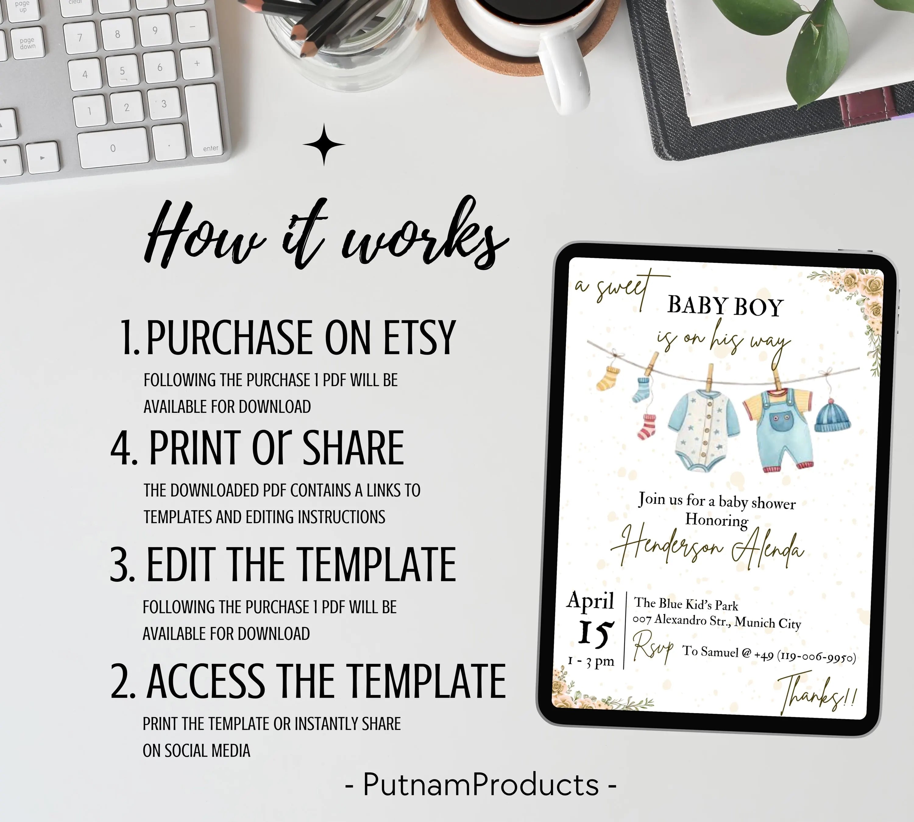 Boy Baby Shower invitation, Boy Baby Clothes Shower Invite, Boho Baby Shower Invitation, Baby Clothes Shower, Editable Template